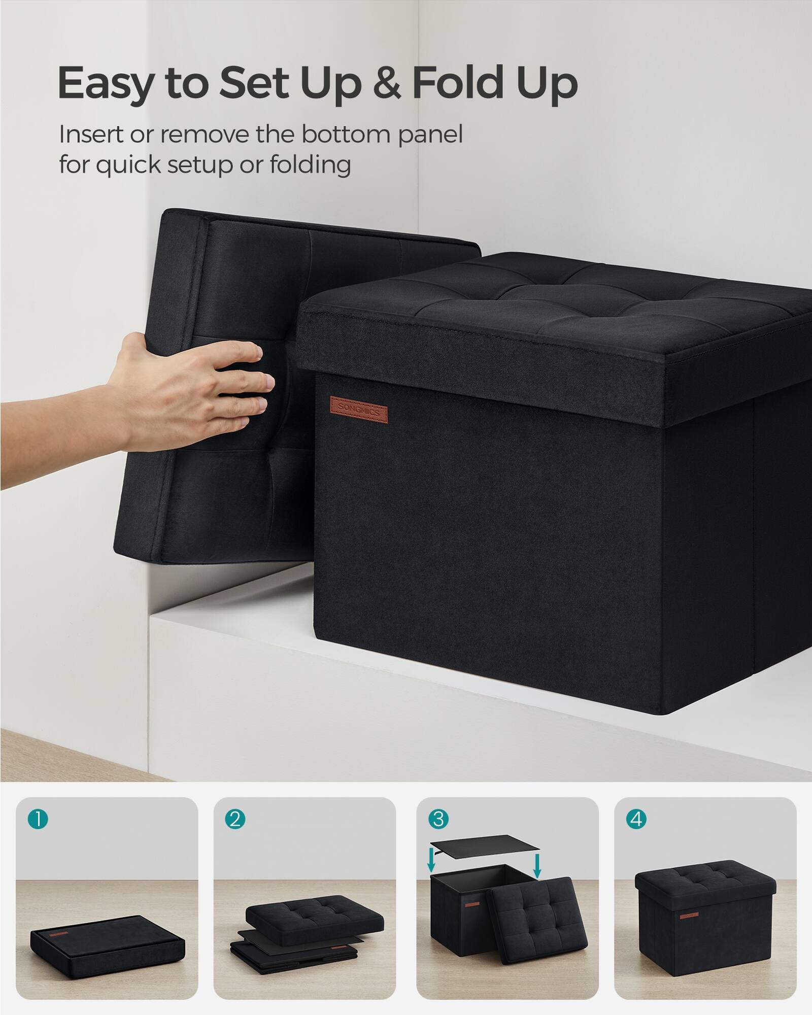 Easy to Set Up & Fold Up

Insert or remove the bottom panel for quick setup or folding

1. 2. 3. 4.