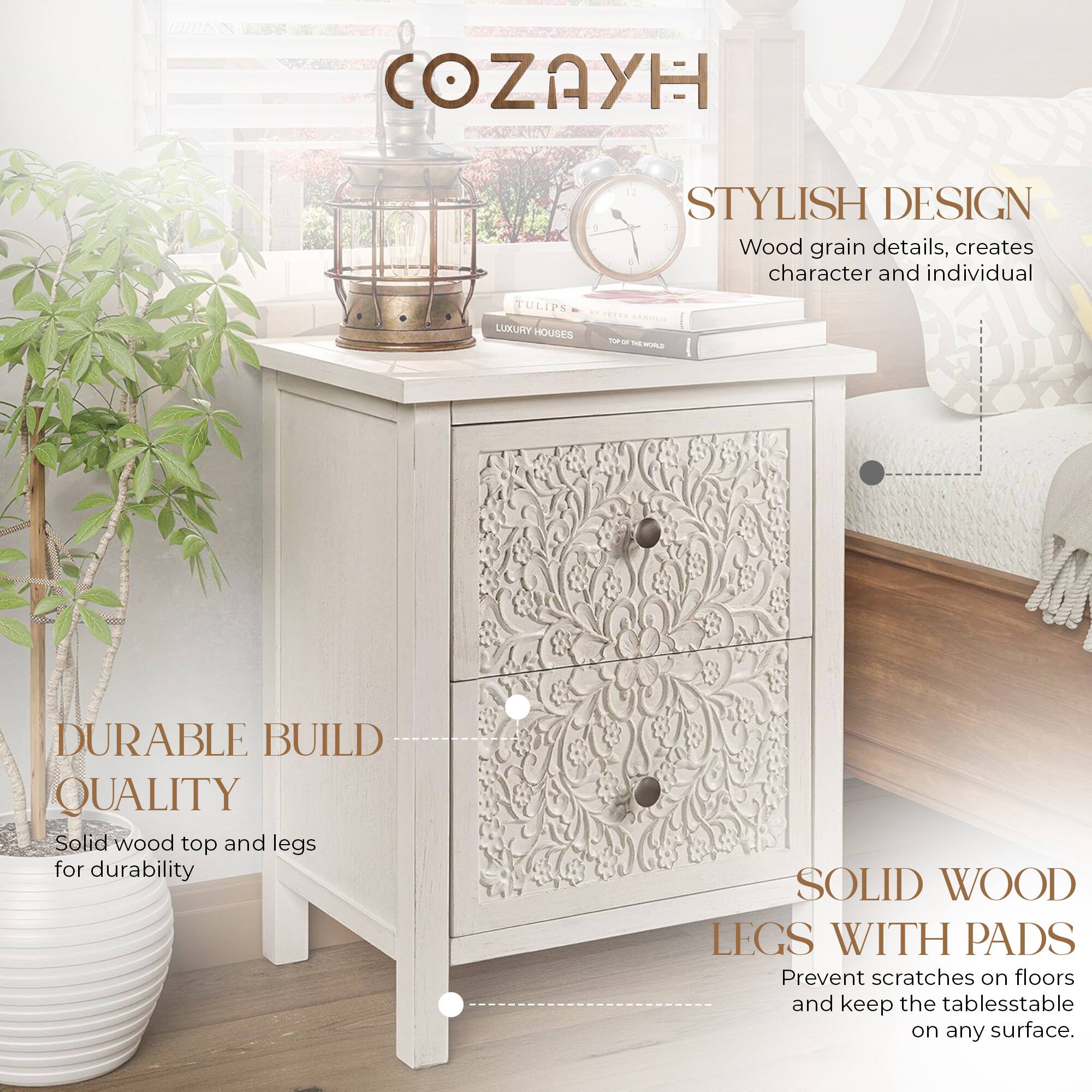 COZAYH

12 STYLISH DESIGN  
Wood grain details, creates character and individual

TULIPS LUXURY HOUSES

DURABLE BUILD QUALITY  
Solid wood top and legs for durability

SOLID WOOD LEGS WITH PADS  
Prevent scratches on floors and keep the tables stable on any surface.