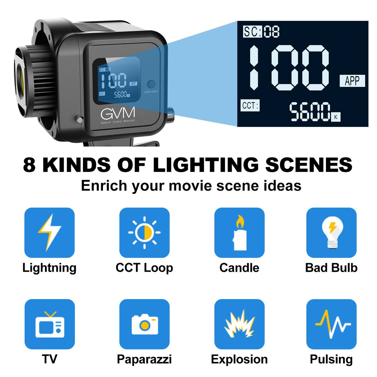0 00 APP ccon FU ocf JOUUB GVM GHEAT VIDED MAKER SC: 108 100 APP CCT: 5600 K 8 KINDS OF LIGHTING SCENES Enrich your movie scene ideas Lightning CCT Loop Candle Bad Bulb TV Paparazzi Explosion Pulsing