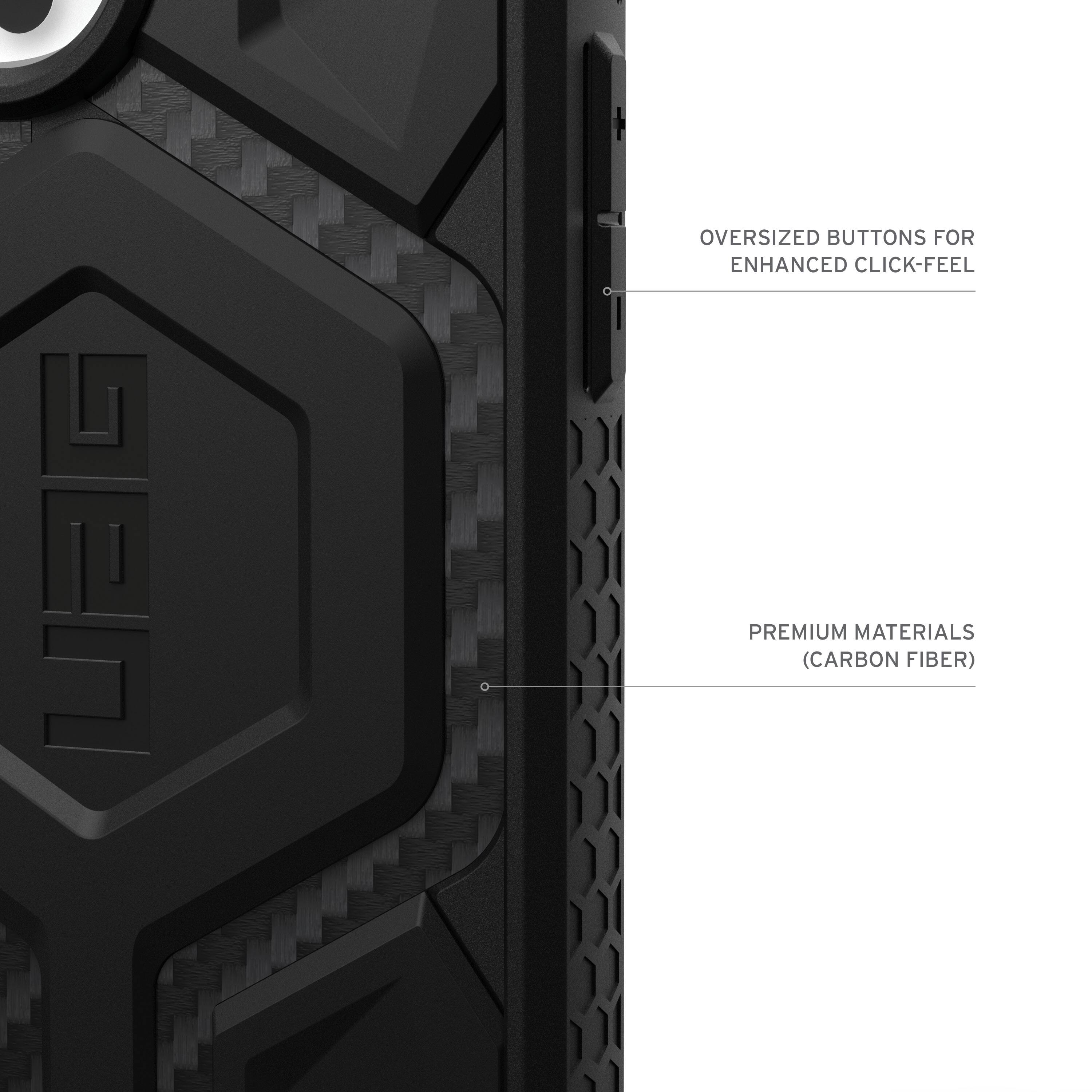 The image shows a close-up view of a black case with a carbon fiber material. The case features over-sized buttons for an enhanced click-feel. The case is made of premium materials, which include carbon fiber.