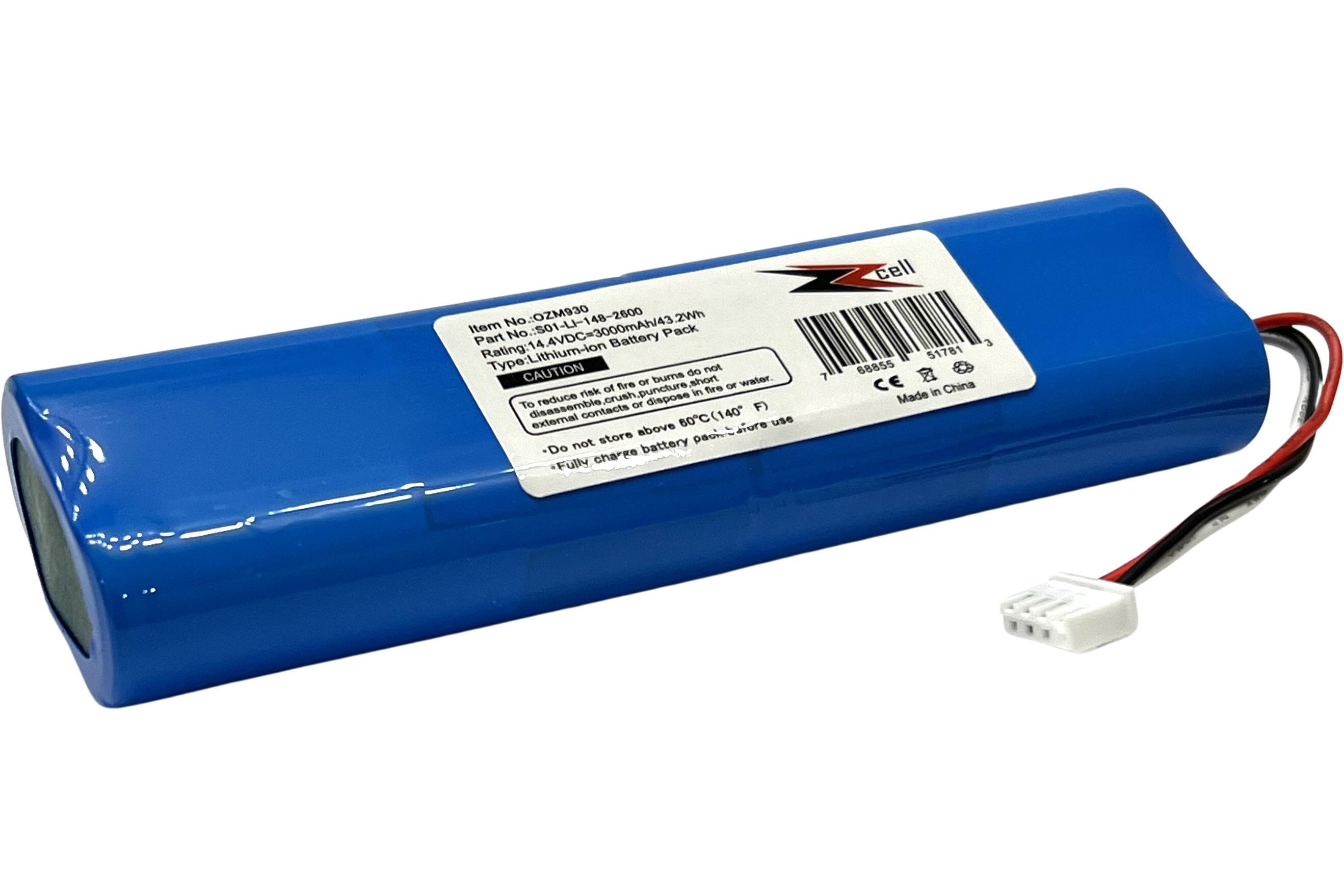 No No.: S01-LI-148-2600  
OZM930  
2Wh  
Item No: 501-U  
Pack Part: 14  
Battery Rating: 14.4VDC-3000mAh  
Type: Lithium-ion  
CAUTION:  
- Do not expose to fire or burns.  
- Do not puncture or crush.  
- Do not disassemble.  
- Do not reduce or dispose of in fire.  
- Do not store above 60°C (140°F).  
- Do not fully charge battery.  
- Fully charge battery before use.  
CE  
Made in China