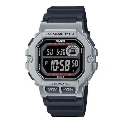 LAP MEMORY 60
CASIO
WATER RESIST 100M
ALM
SIG
LIGHT
10 YEAR BATTERY
ILLUMINATOR
START STOP
LAP RESET
ADJUST MODE
WR