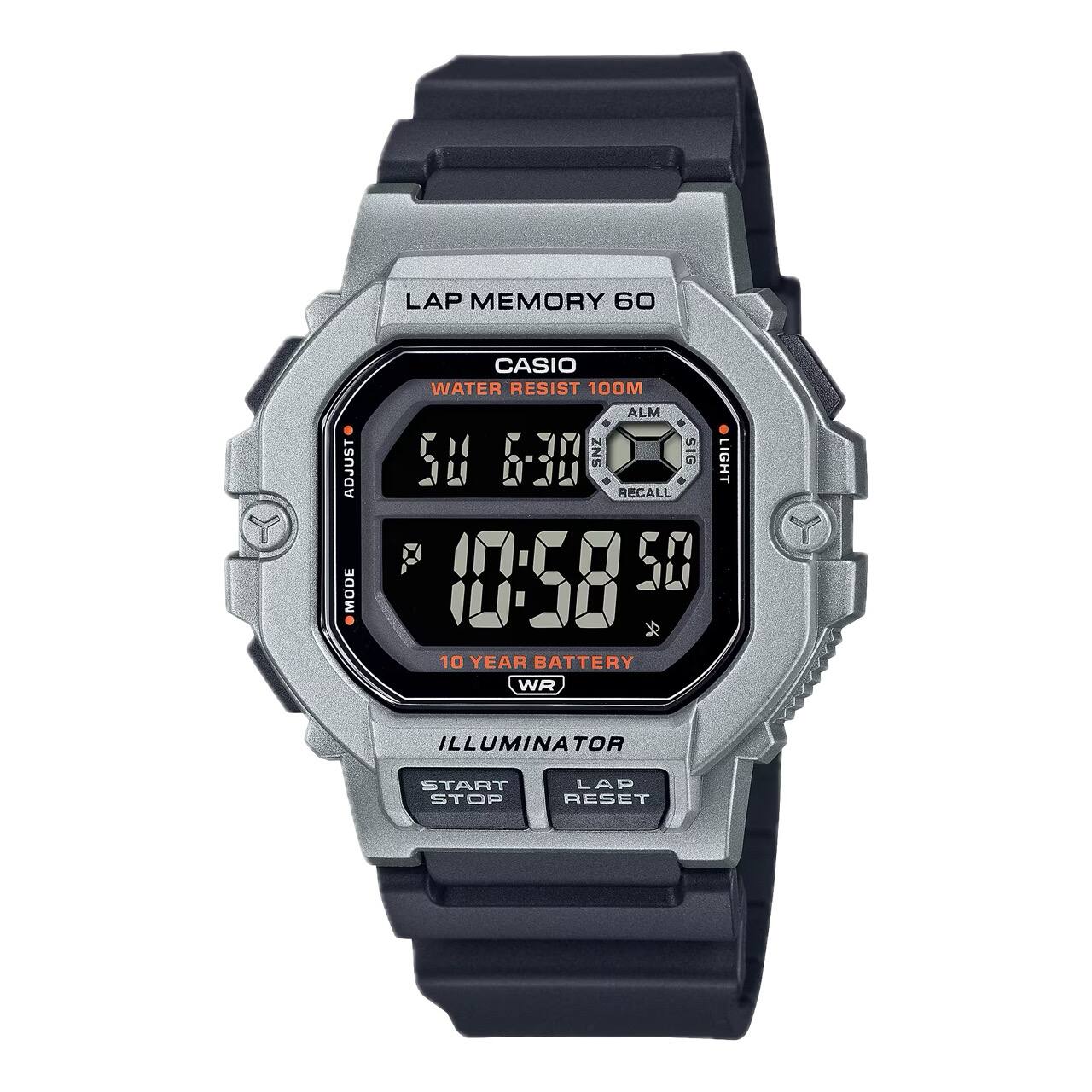 LAP MEMORY 60  
CASIO  
WATER RESIST 100M  
ALM  
SIG  
LIGHT  
10 YEAR BATTERY  
ILLUMINATOR  
START STOP  
LAP RESET  
ADJUST MODE  
WR