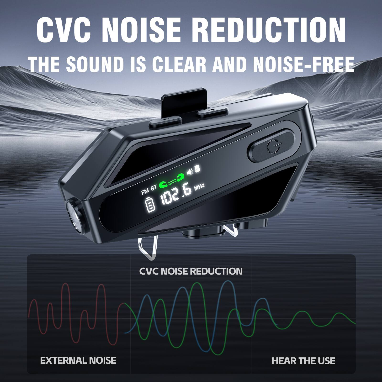 CVC NOISE REDUCTION  
THE SOUND IS CLEAR AND NOISE-FREE  

FM 102.6 MHz  

CVC NOISE REDUCTION  
EXTERNAL NOISE  
HEAR THE USE