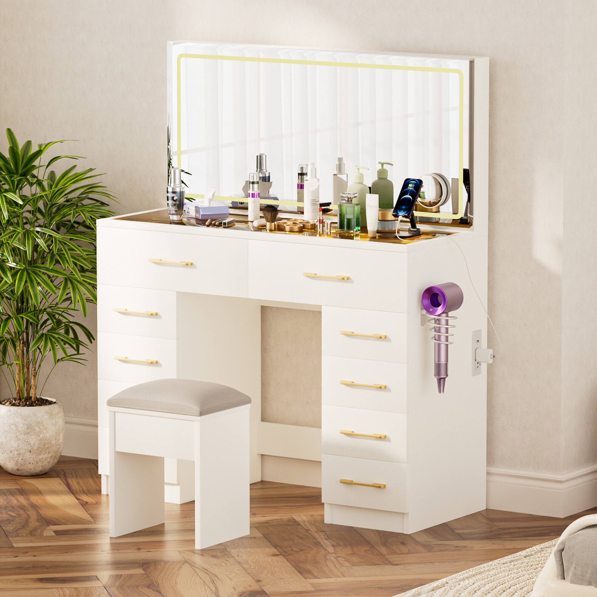 Alt View 10. Ecooso - Vanity Table with Mirror, Adjustable LED Lights, Power Outlet, Hair Dryer Holder, Stool - White.
