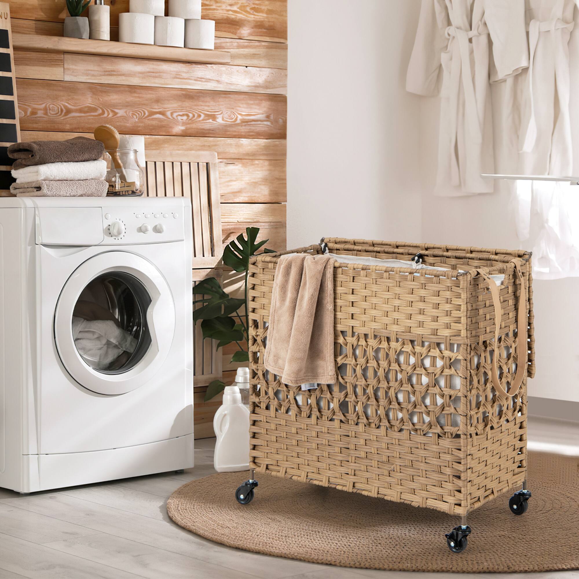 Alt View 11. Costway - 110L Laundry Hamper with Wheels Clothes Basket Lid & Handle & 2 Liner Bags Natural - Natural.