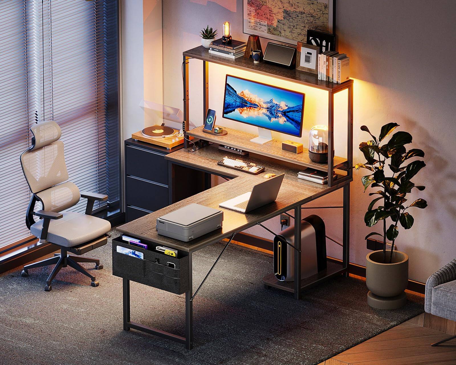 Alt View 3. AODK - Reversible L-Shaped Gaming Desk with LED Light, Power Outlet, Shelf, Storage Bag and Hook - Grey Oak.