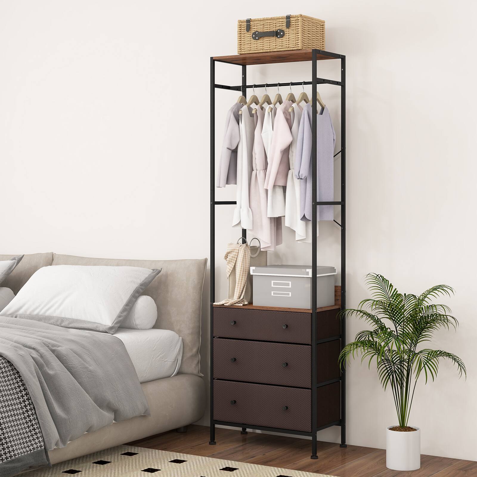 Alt View 1. Ecooso - Freestanding Closet Organizer with 3-Position Hanging Rod and Storage Shelves - Brown.