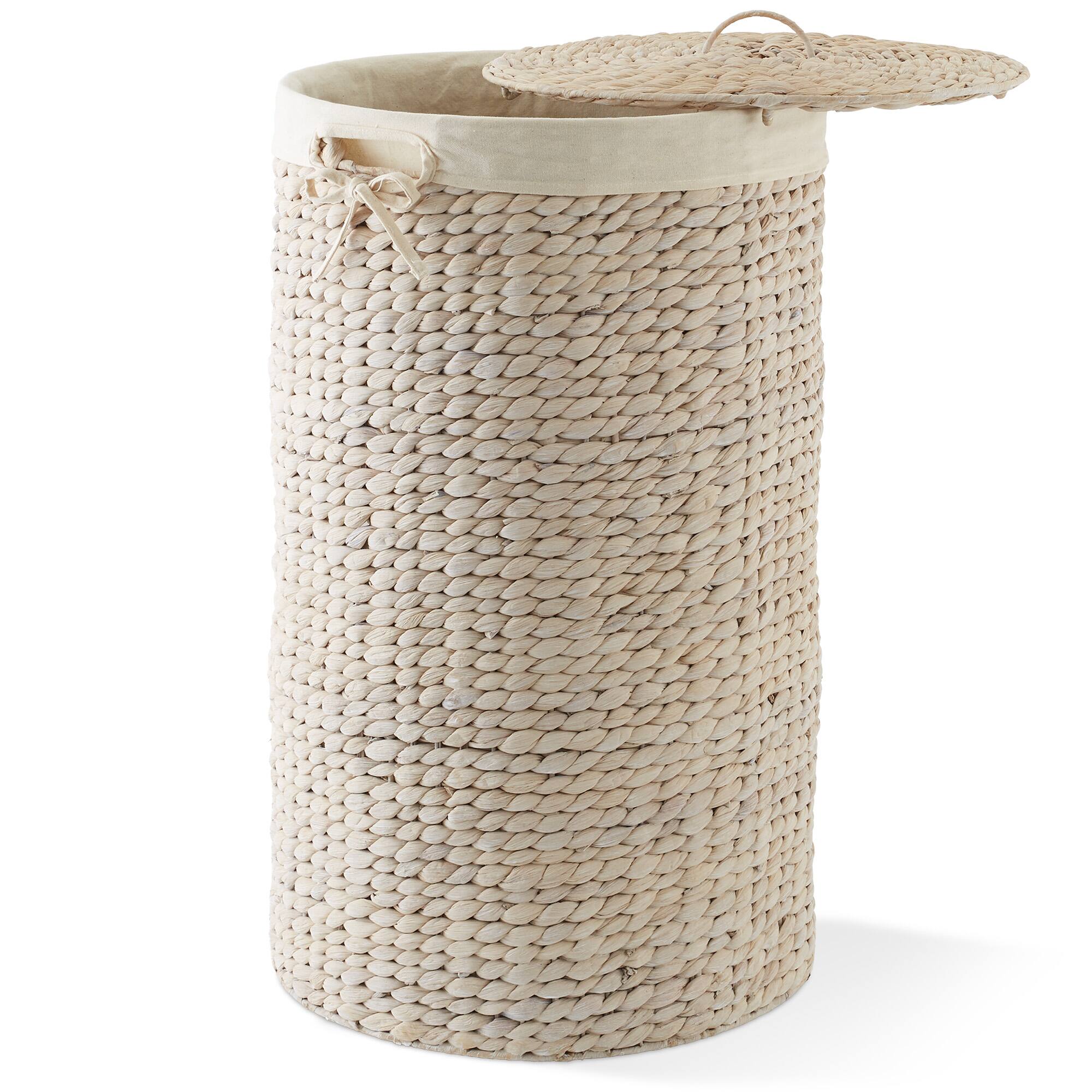 Front. Casafield - Round Laundry Hamper Basket with Lid and Liner for Clothes - Whitewash.