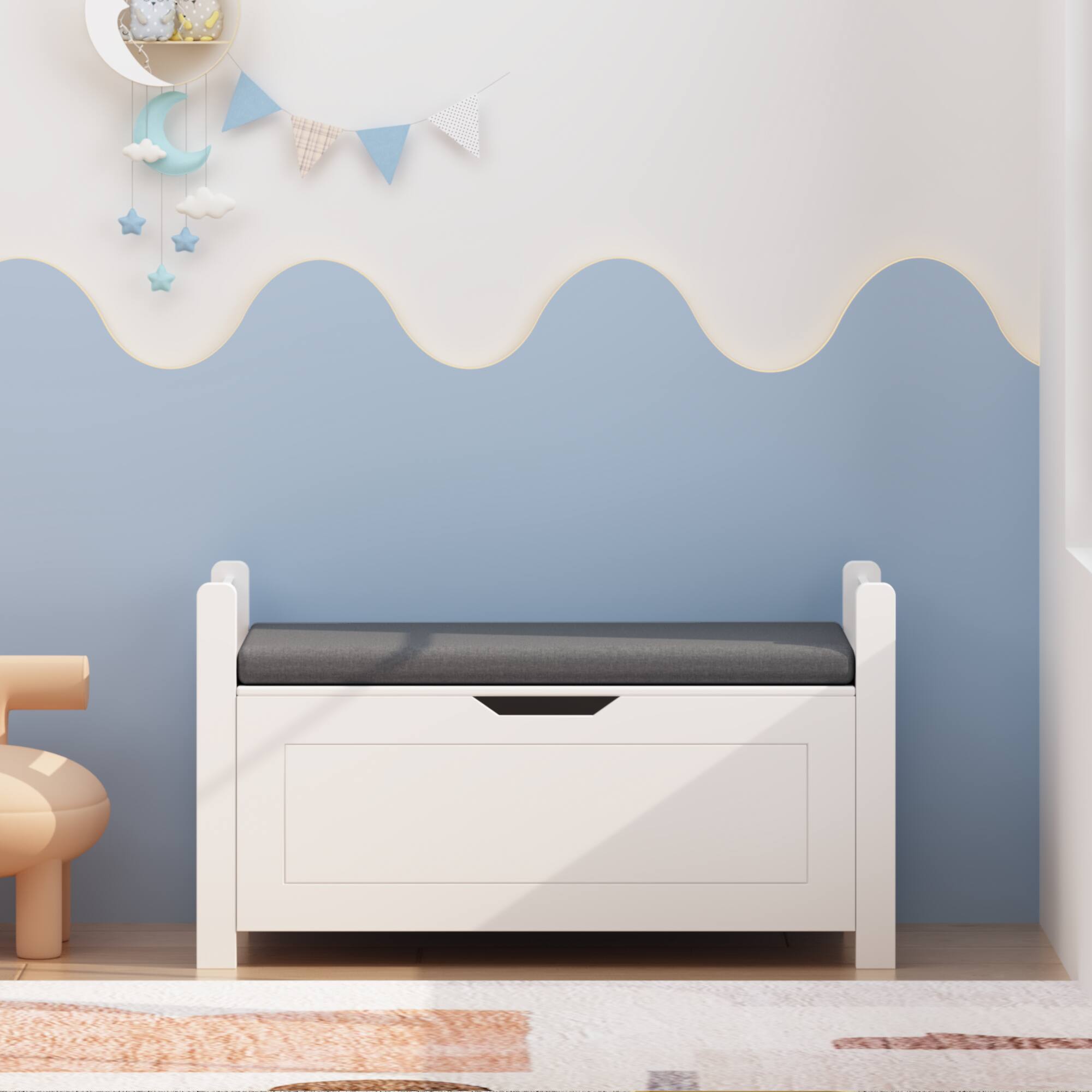 Left. Z-Edge - Kids Storage Bench, Wooden Toy Box Chest, Large Storage Cabinet with Safety Hinge, Flip-Top Lid for Nursery, Playroom - White.