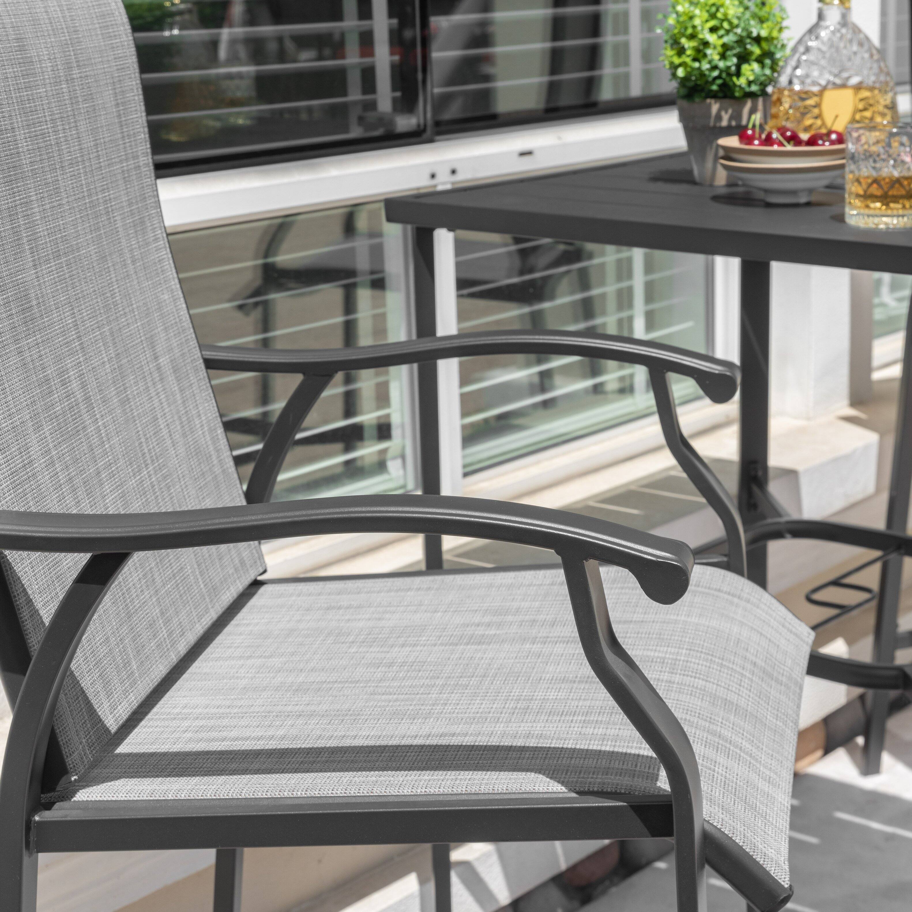 Back. Nuu Garden - Outdoor 5-Piece Textilene Bar Set, Height Back Bar Stools and Umbrella Hole - Black and Gray.