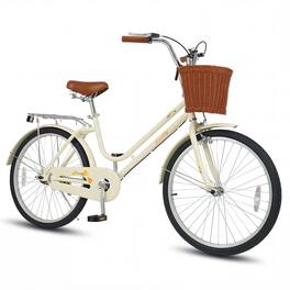 Gymax - 24-Inch Beach Cruiser Bike w/Adjustable Seat Woven Basket & Rear Rack - Beige