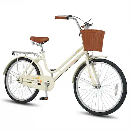 Front. Gymax - Gymax 24-Inch Beach Cruiser Bike w/Adjustable Seat Woven Basket & Rear Rack Beige - Beige.