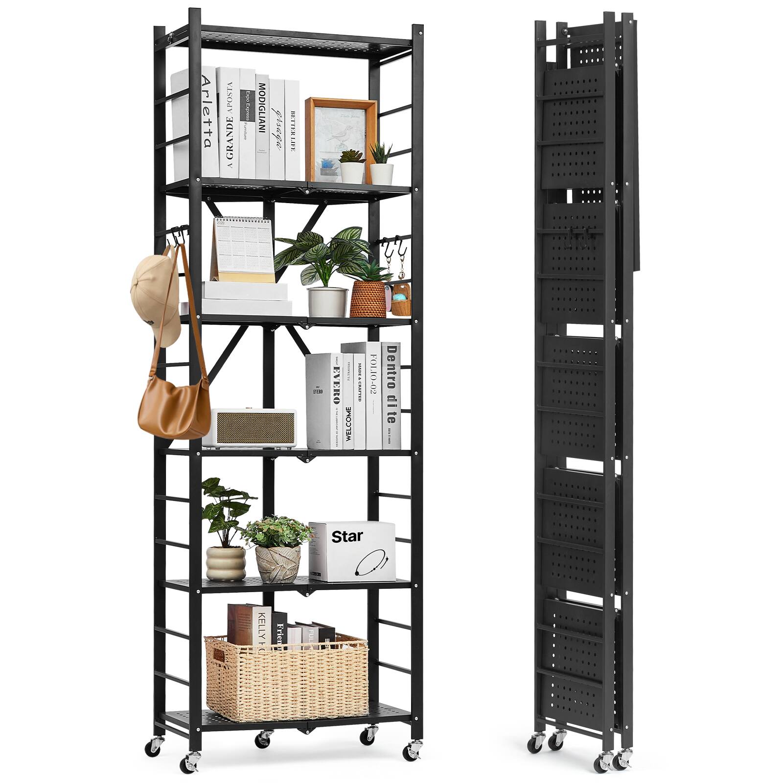 VEVOR - 6-Tier Foldable Storage Shelf, 24Wx12Dx72H Inch Folding Metal Rack Shelving Unit, Heavy Duty No Assembly Organizer Shelf - Black
