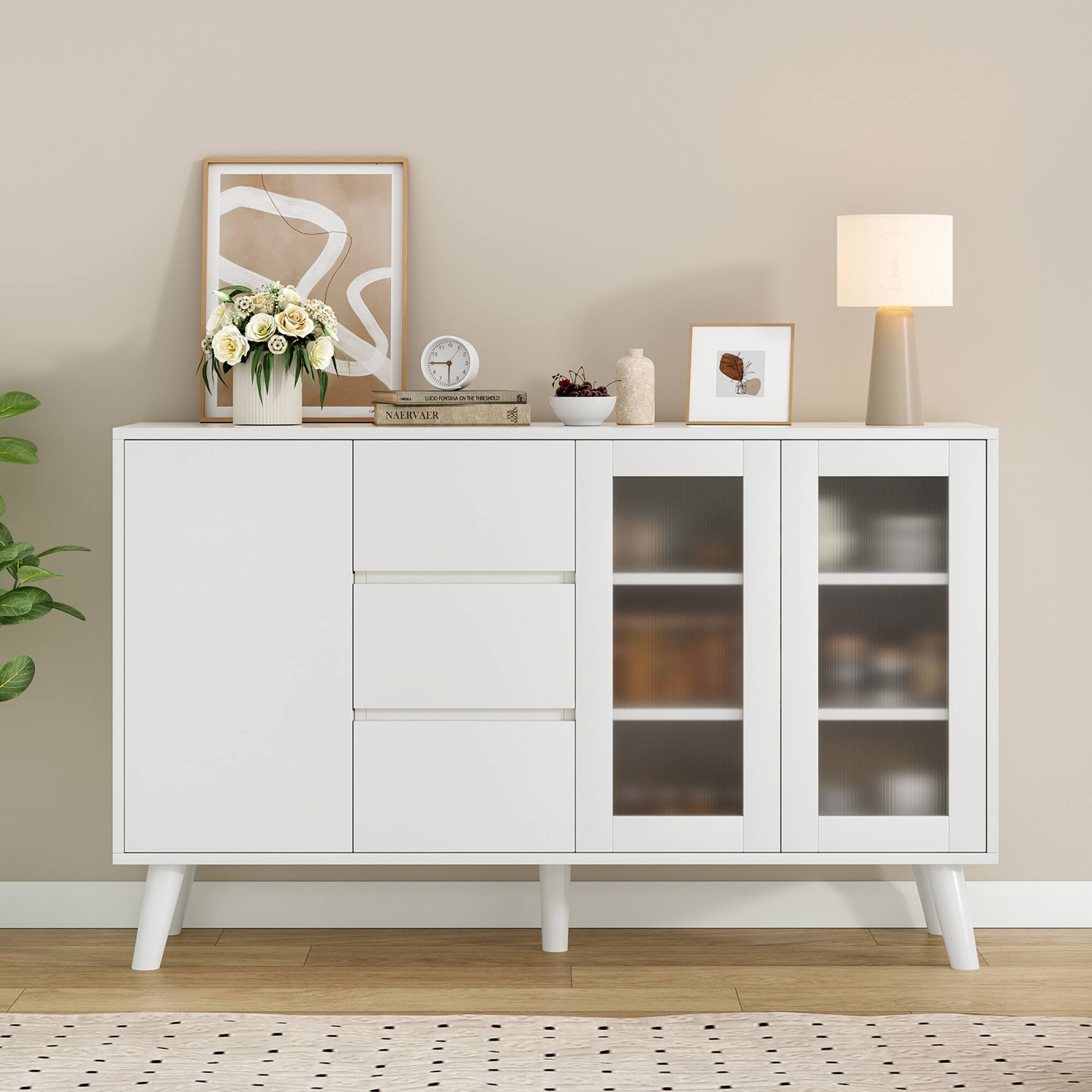 Angle. GOODSILO - Farmhouse Buffet Cabinet with Drawers and Pop-Up Doors, Rustic Sideboard for Dining Room and Living Room - White.