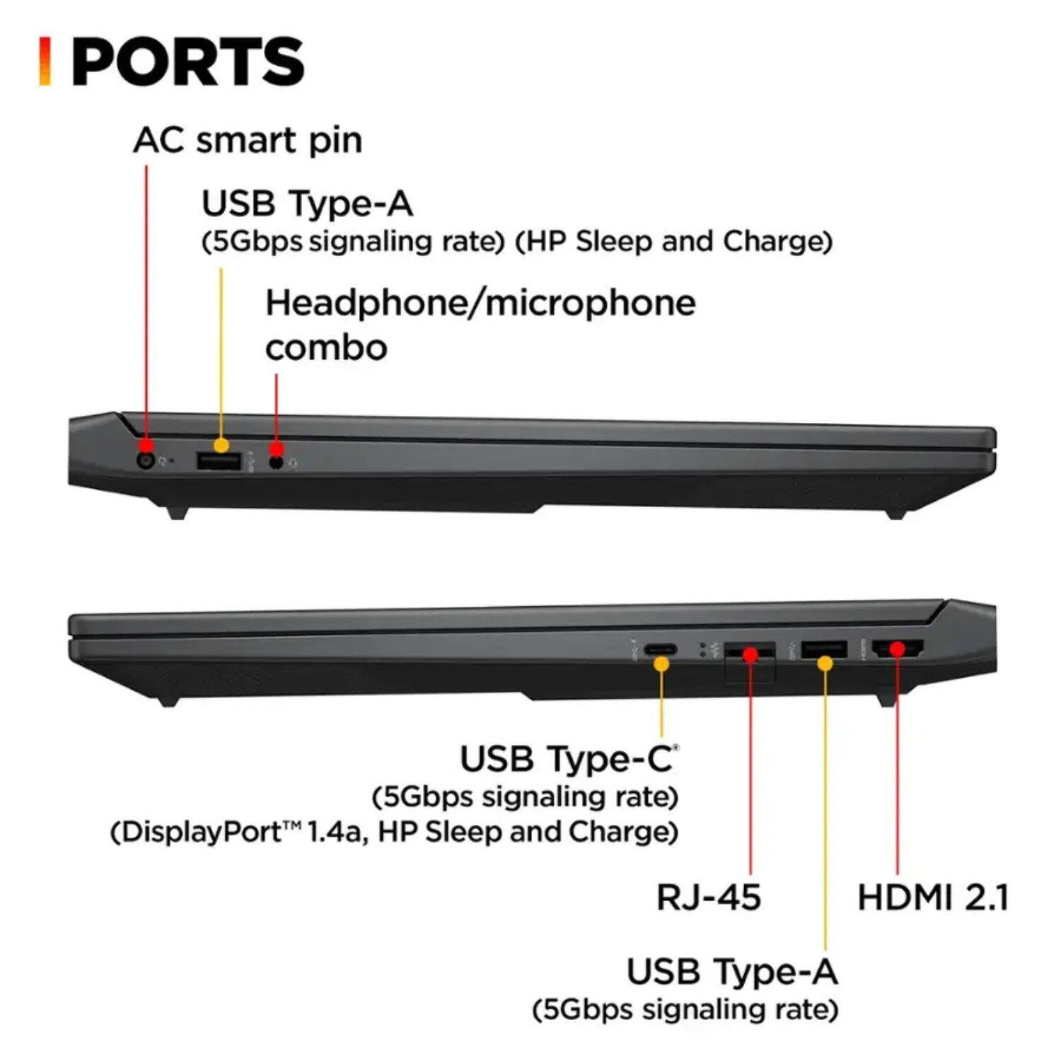 **PORTS**

- AC smart pin
- USB Type-A (5Gbps signaling rate) (HP Sleep and Charge)
- Headphone/microphone combo
- USB Type-C (5Gbps signaling rate) (DisplayPort™ 1.4a, HP Sleep and Charge)
- RJ-45
- HDMI 2.1
- USB Type-A (5Gbps signaling rate)