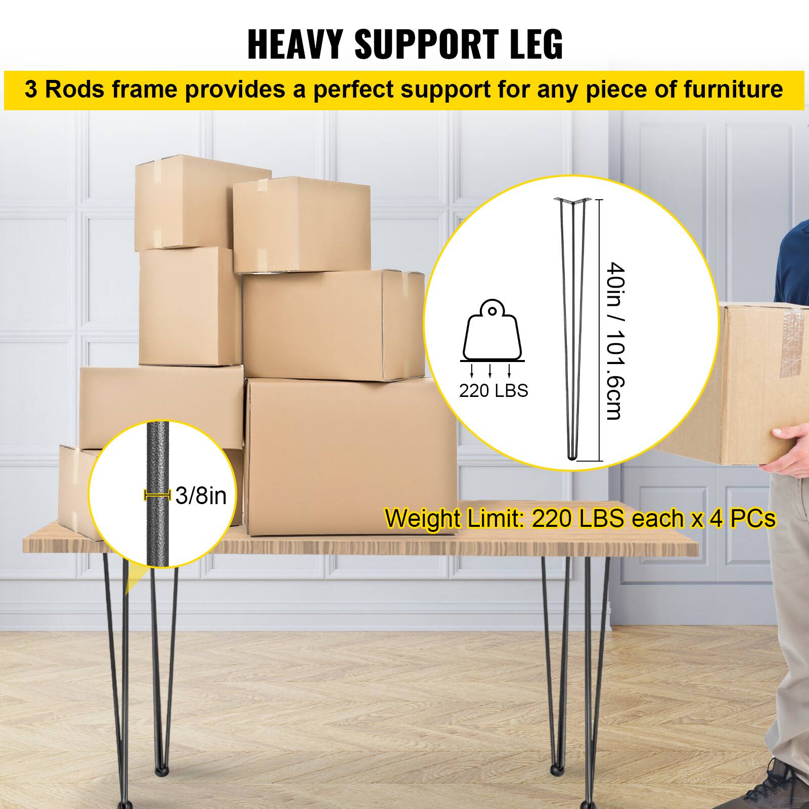 HEAVY SUPPORT LEG
3 Rods frame provides a perfect support for any piece of furniture
Weight Limit: 220 LBS each x 4 PCs
40in / 101.6cm
3/8in
