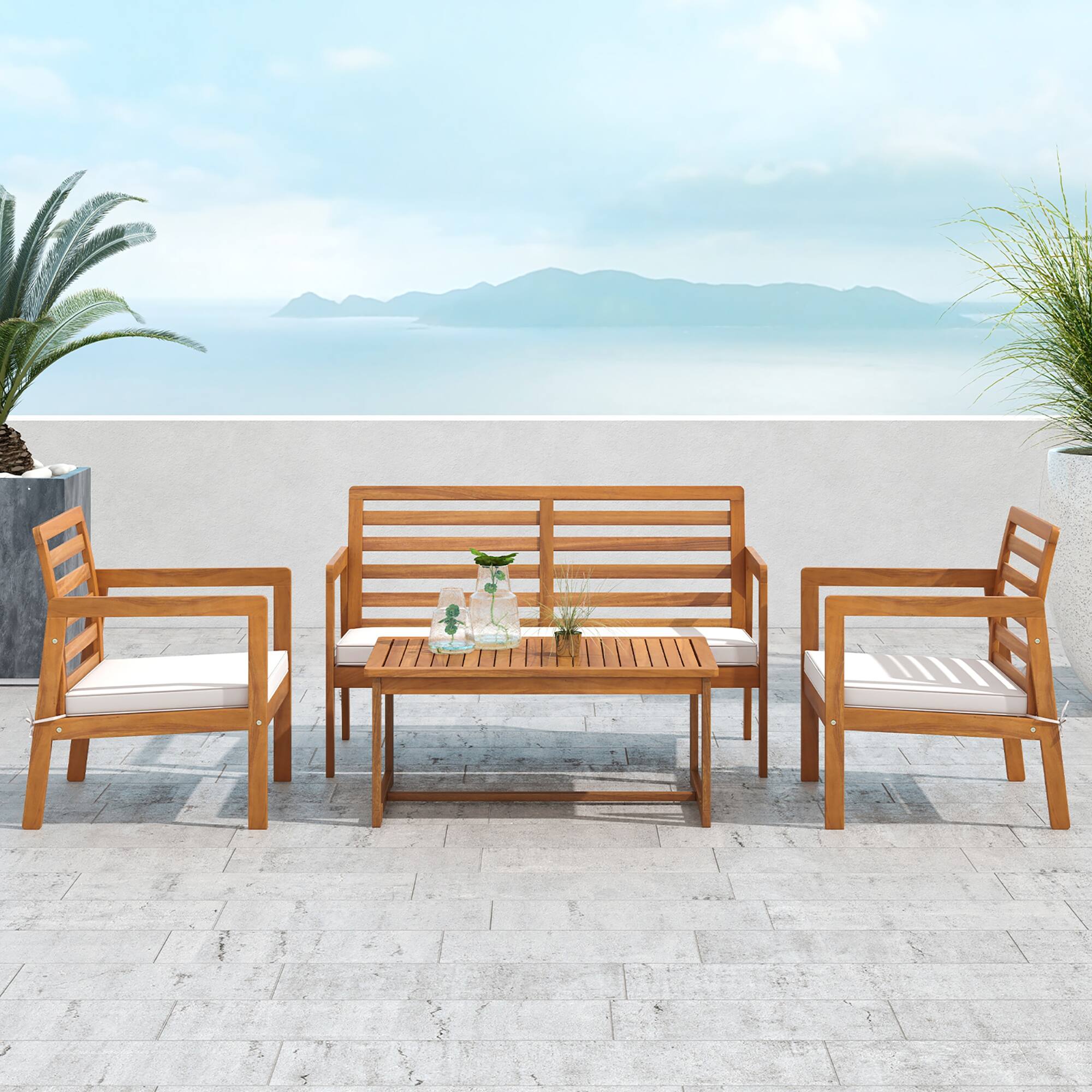 Alt View 3. Gymax - Gymax 4 PCS Wood Patio Furniture Set w/ Soft Seat Cushions Solid Acacia Wood Frame - Off White.