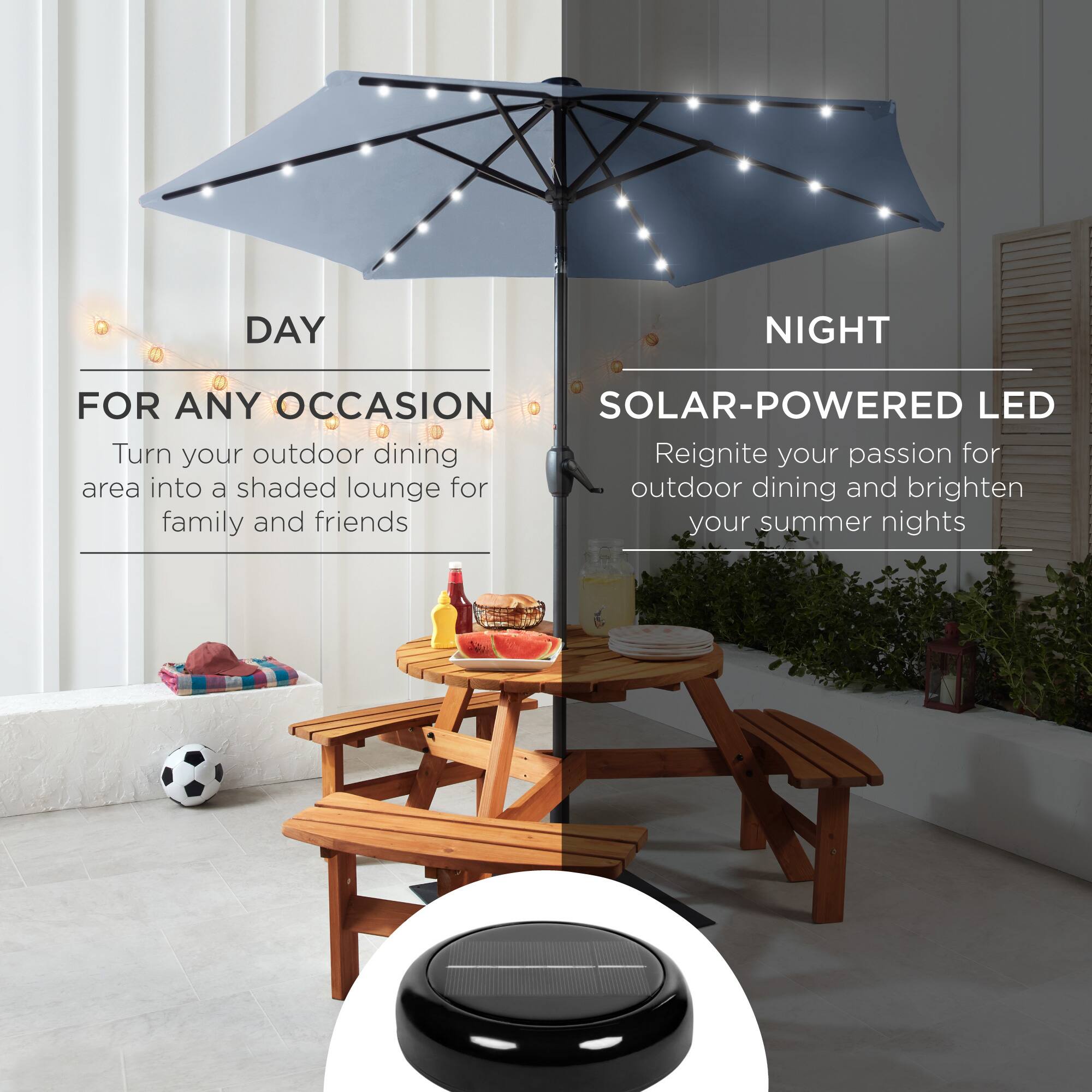 DAY NIGHT FOR ANY OCCASION SOLAR-POWERED LED

Turn your outdoor dining area into a shaded lounge for family and friends.

Reignite your passion for outdoor dining and brighten your summer nights.