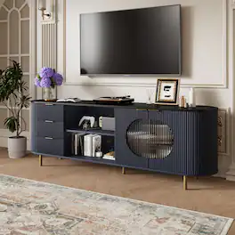 Anysun - 65 Inch Modern TV Stand, Fluted Media Console with Faux Marble Top, Gold Accents - Black