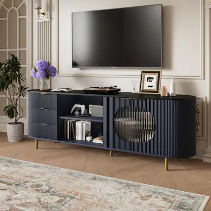 Front. Anysun - 65 Inch Modern TV Stand, Fluted Media Console with Faux Marble Top, Gold Accents - Black.
