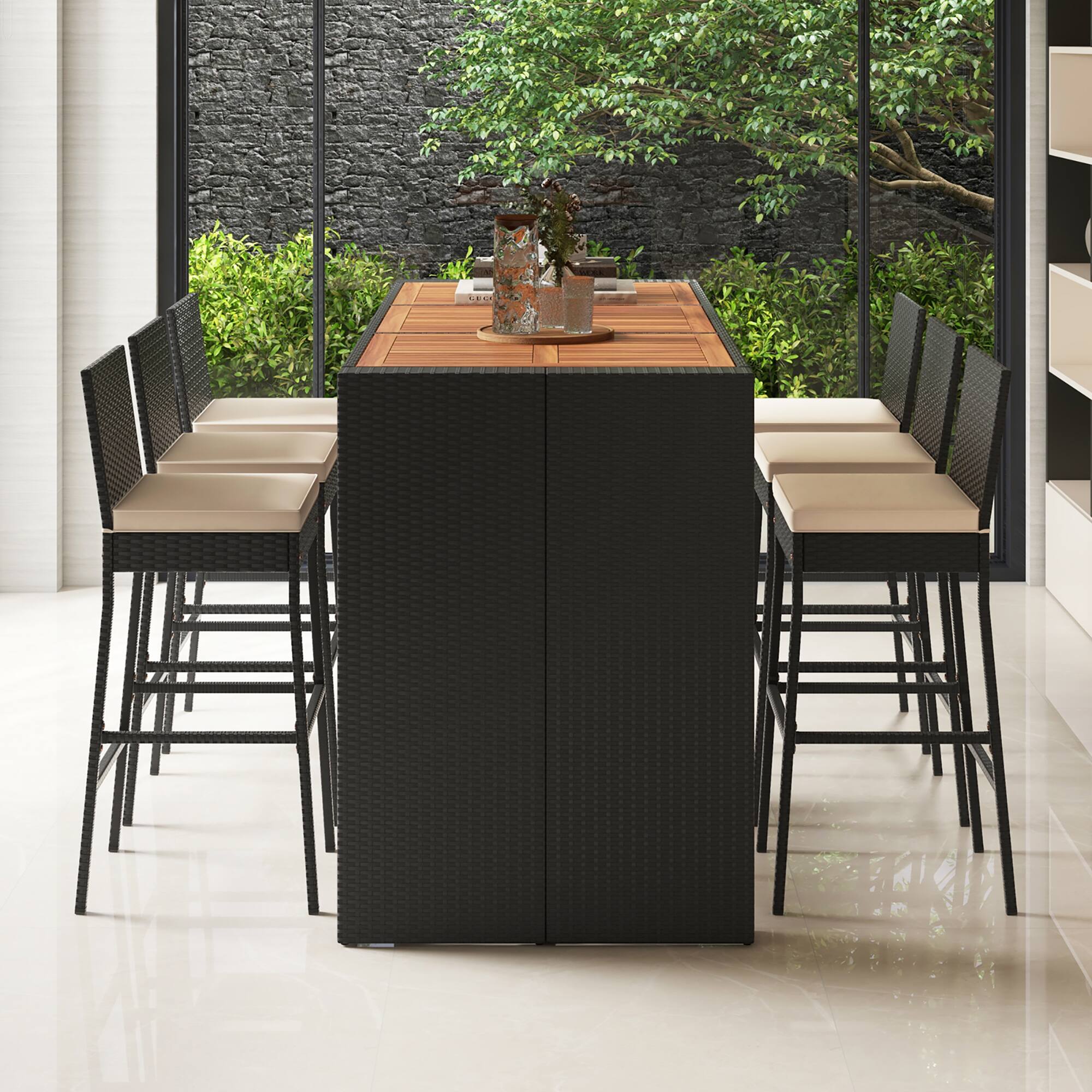 Alt View 3. Gymax - Gymax 7 Pieces Patio Bar Set w/ Acacia Wood Tabletop & Removable Cushions Outdoor - Black.