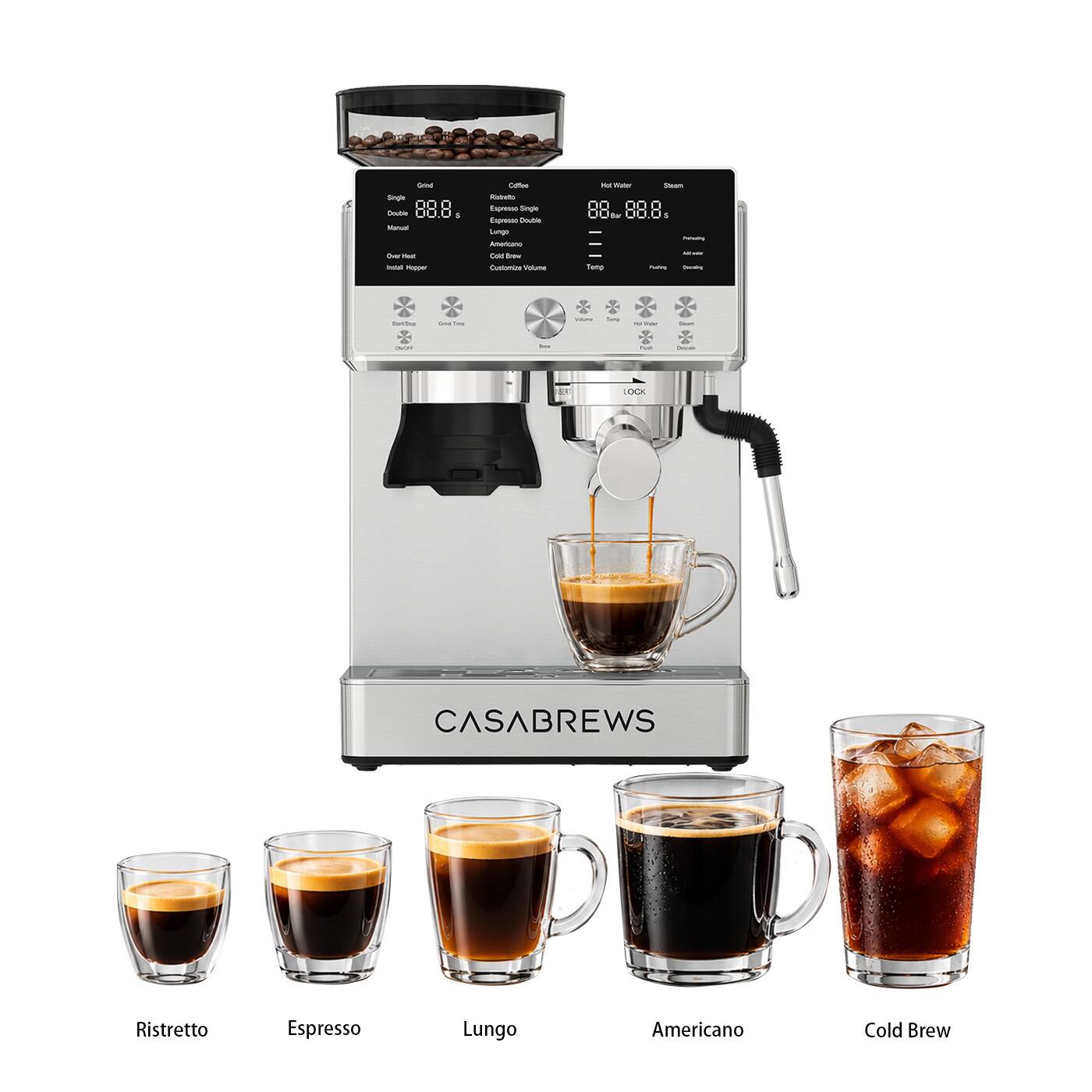 Grind Single Double Manual
Der Hed baby Happer

$
Coffee Ristretto Espresso Single Espresso Double Cungo Americano Cold Brew Customize Volume
Hd Water for Temp

Sheam I mouths Allivate Faching Decaby
StortStop
Gree Time
YOUTH
Seing
away
Item
Outer
tow
PM
Generals
LOCK
CASABREWS
Ristretto
Espresso
Lungo
Americano
Cold Brew
