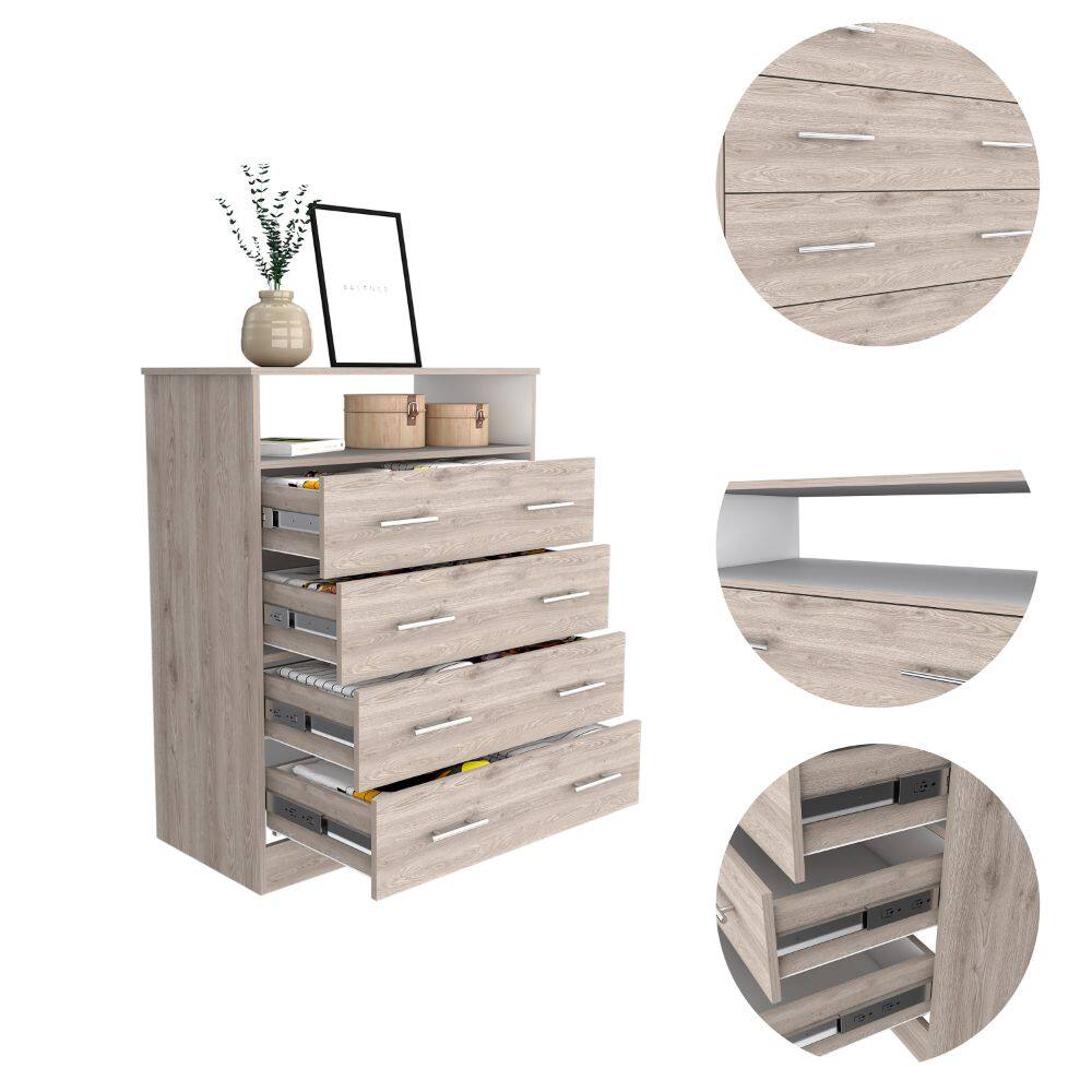 Alt View 2. TuHome - Peru L Four Drawer Dresser, Superior Top, One Open Shelf - Light Gray / White.