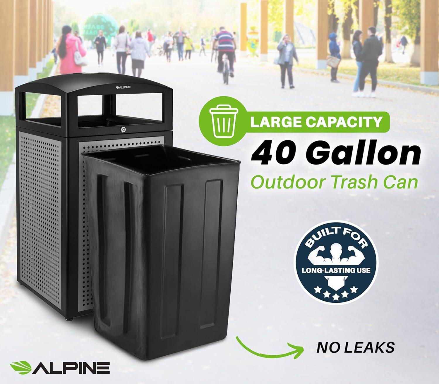 LARGE CAPACITY 40 Gallon Outdoor Trash Can, BUILT FOR LONG-LASTING USE, NO LEAKS
