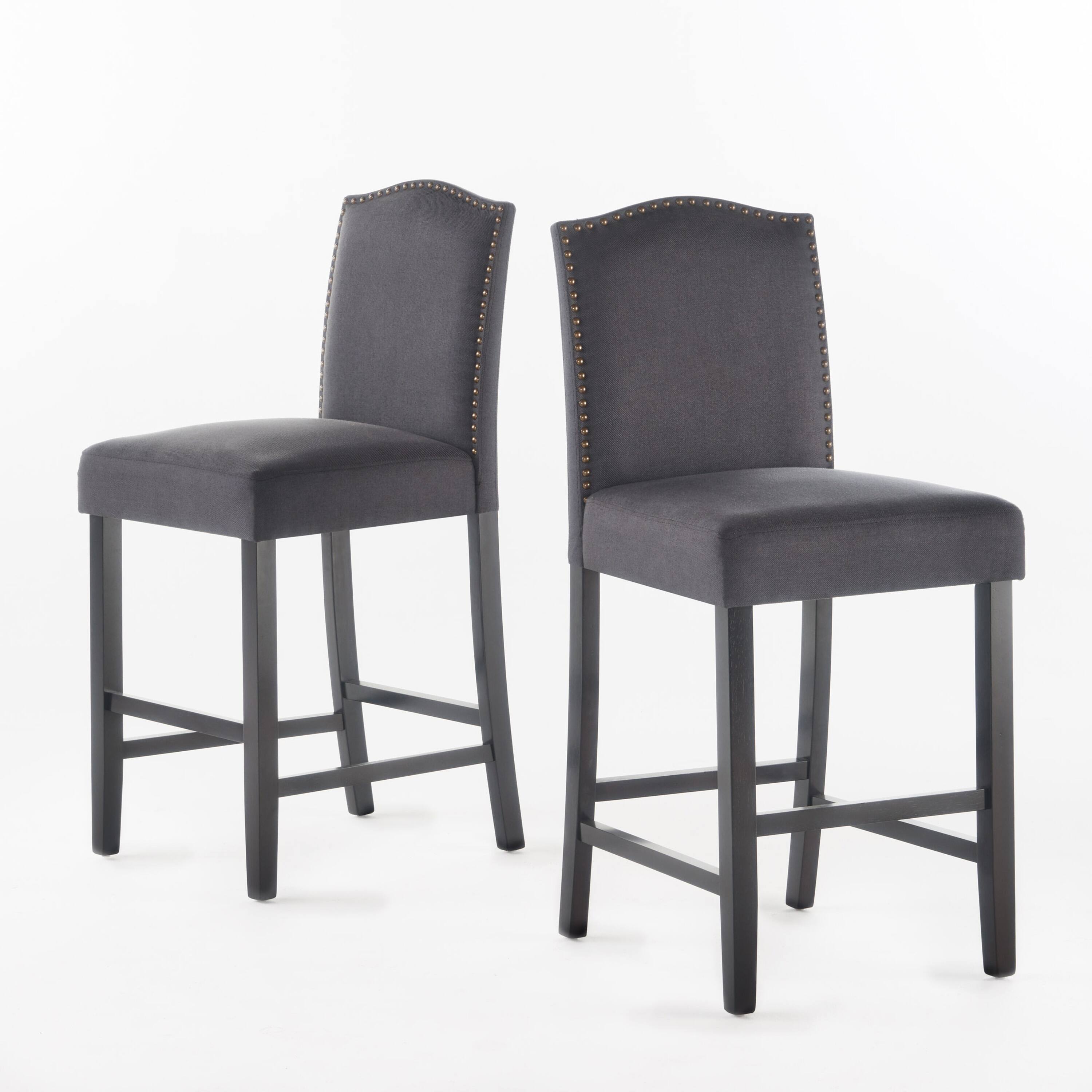 Left. Lirago - 19 Inch Counter Height Barstools Set of 2 Upholstered Fabric Walnut Finish Nailhead Trim - Grey.