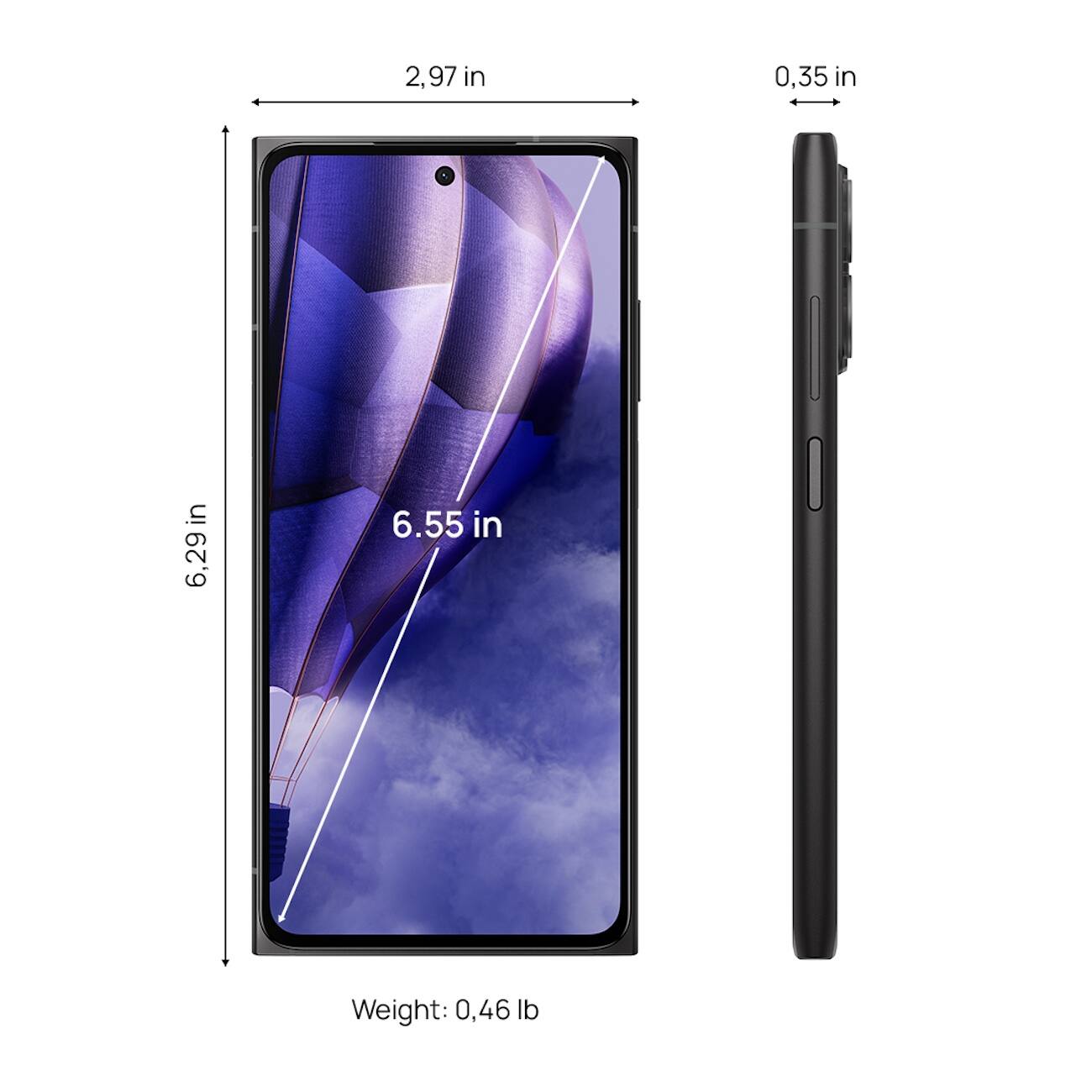 The image shows a cell phone with a balloon on the screen. The phone is 2.97 inches tall and 0.35 inches wide. The screen displays the time, which is 6:29. The phone weighs 0.46 pounds.