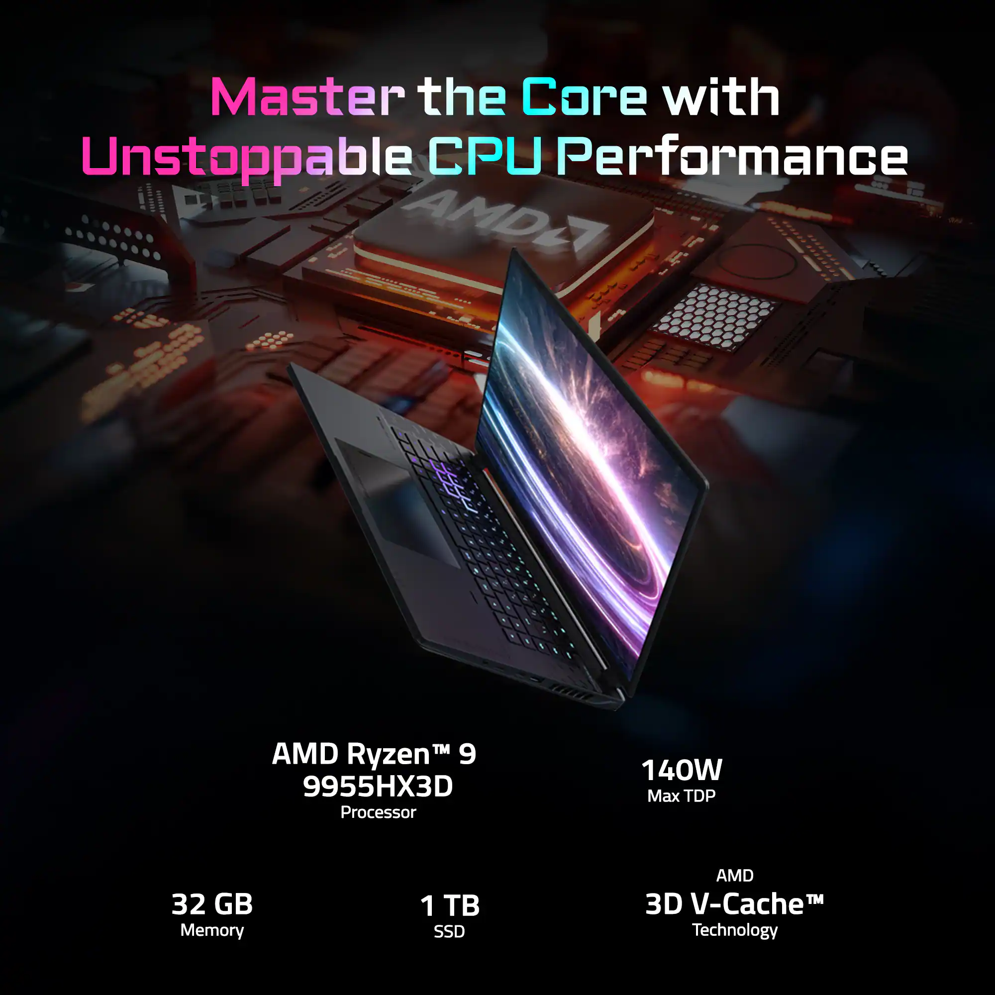 Master the Core with Unstoppable CPU Performance

AMD Ryzen™ 9 9955HX3D Processor  
140W Max TDP  
32 GB Memory  
1 TB SSD  
AMD 3D V-Cache™ Technology