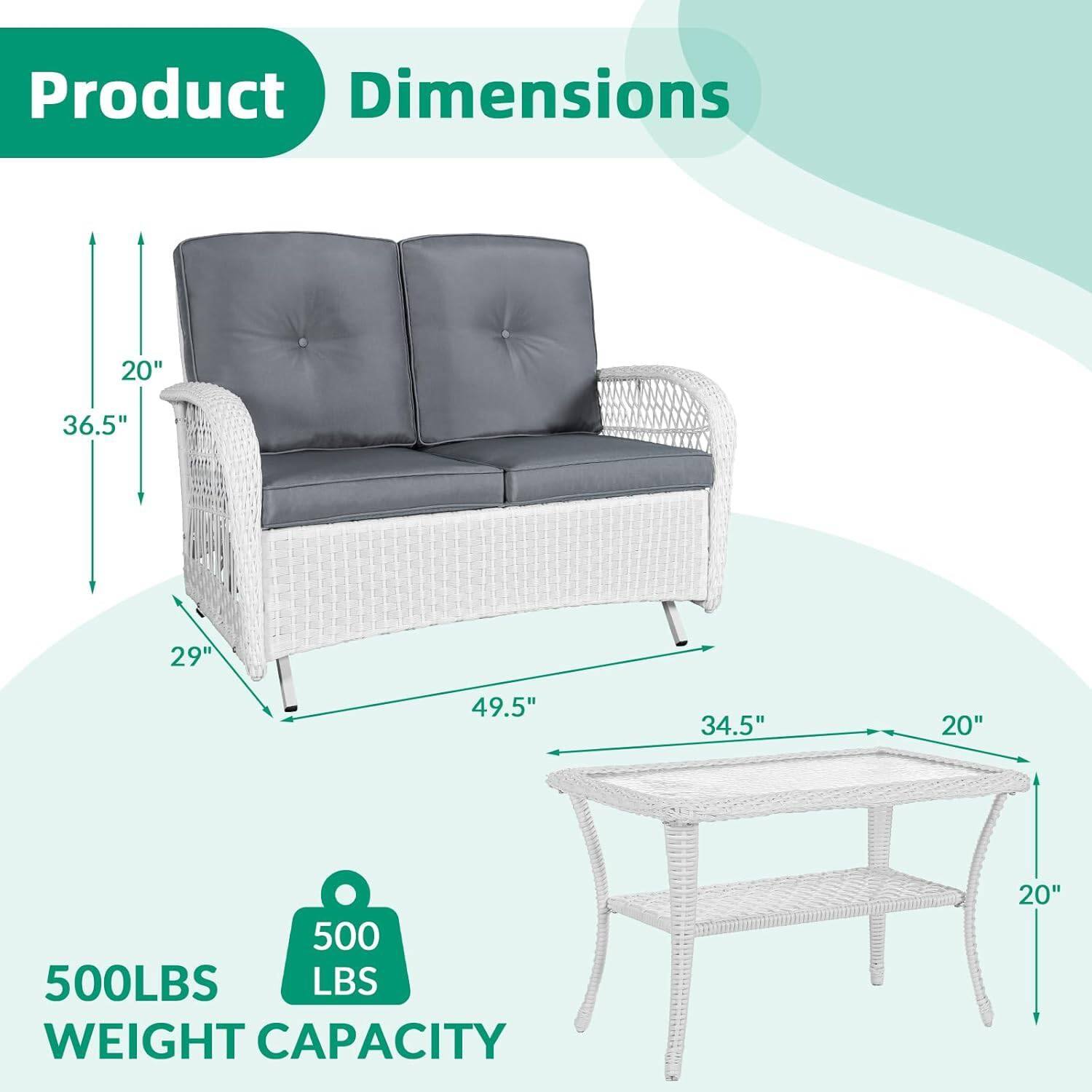 Product Dimensions

- Sofa: 49.5" (width) x 36.5" (height) x 29" (depth)
- Table: 34.5" (width) x 20" (depth) x 20" (height)

500 LBS WEIGHT CAPACITY