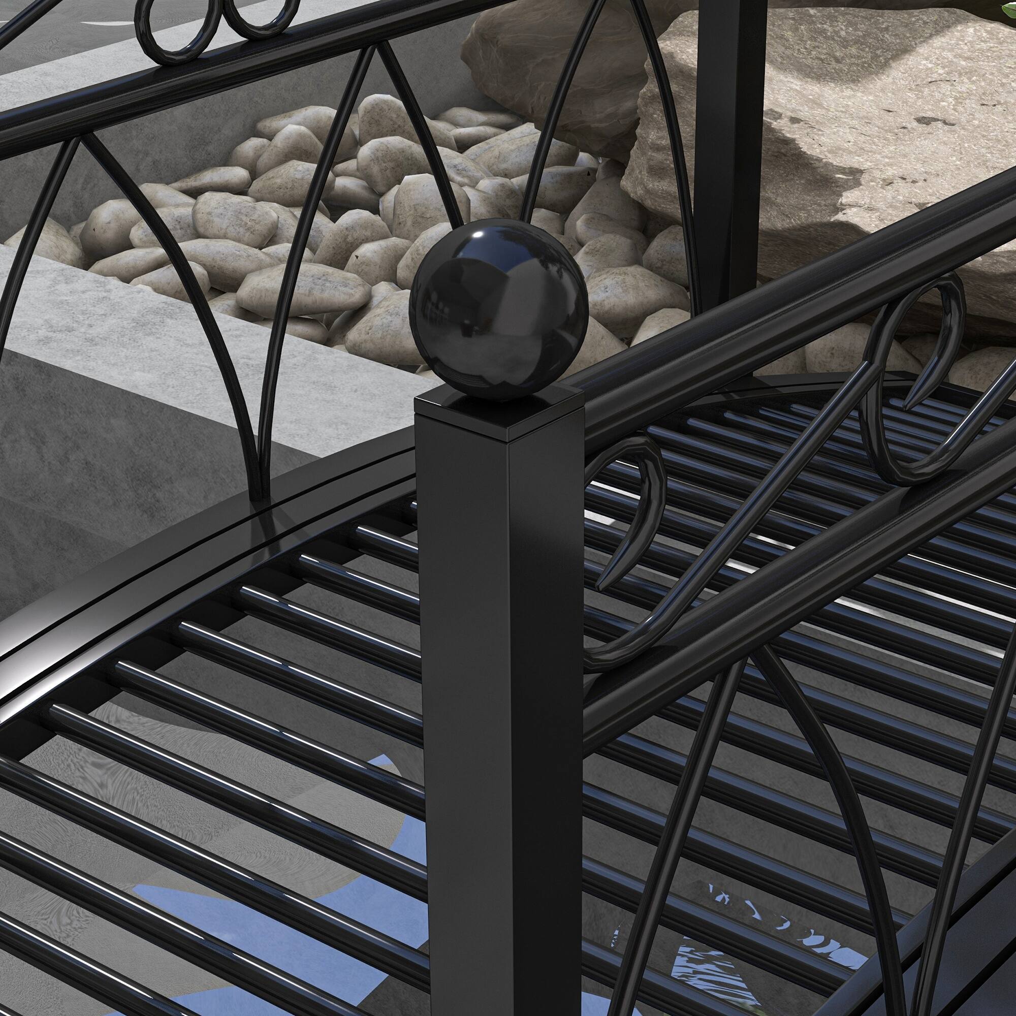 Alt View 7. Outsunny - 3.3' Metal Arch Zen Garden Bridge with Safety Siderails, Decorative Footbridge, Delicate Scrollwork & Corner Spheres - Black.