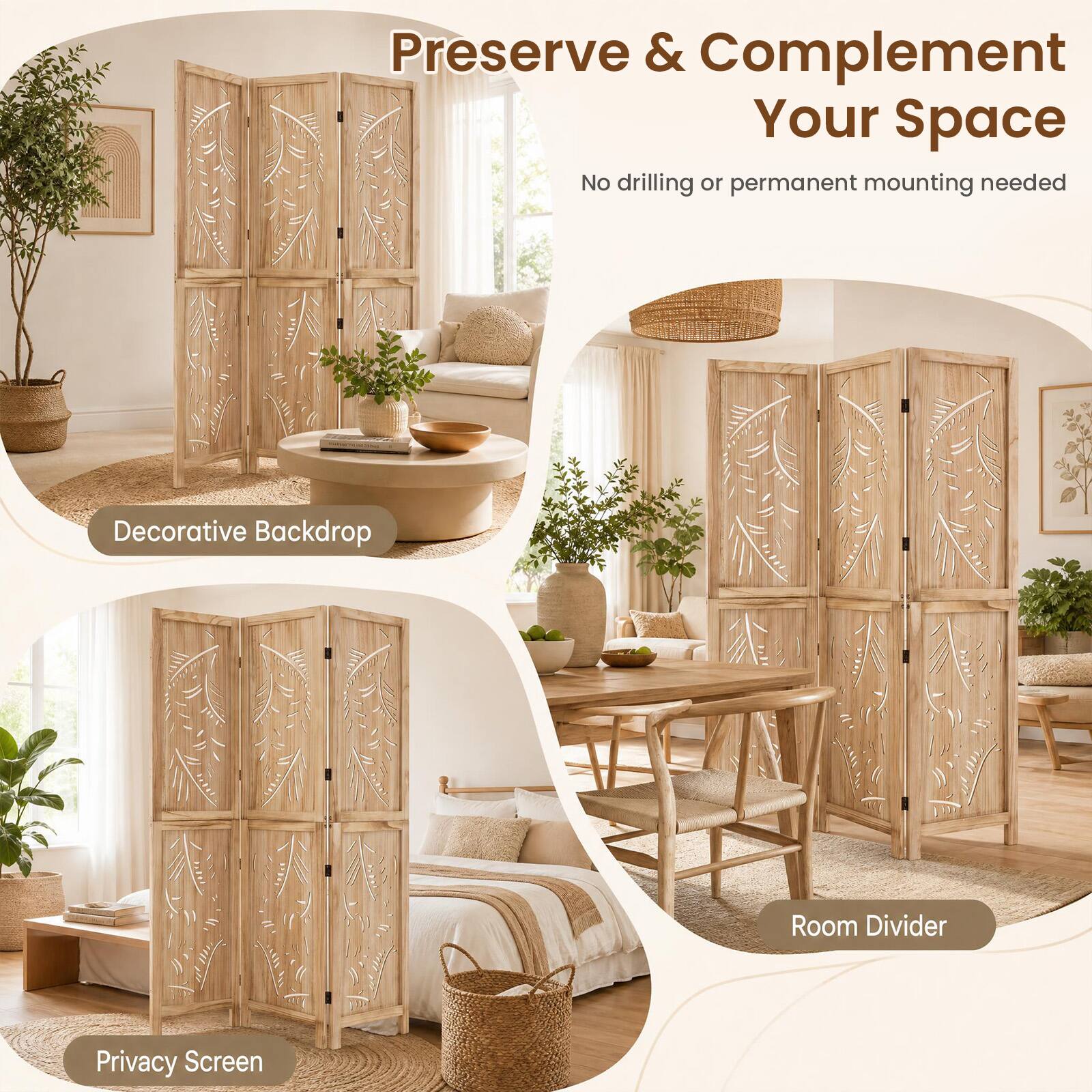 Preserve & Complement Your Space  
No drilling or permanent mounting needed  

Decorative Backdrop  
Room Divider  
Privacy Screen