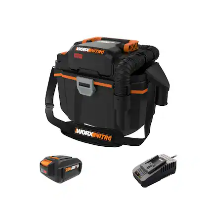 The image features a black and orange WORXNITRO toolbox, which is a portable toolbox with a built-in air compressor. The toolbox is accompanied by a motor and a charger, making it a complete and convenient toolkit for various tasks. The design of the toolbox is compact and easy to carry, making it suitable for outdoor activities or work environments.
