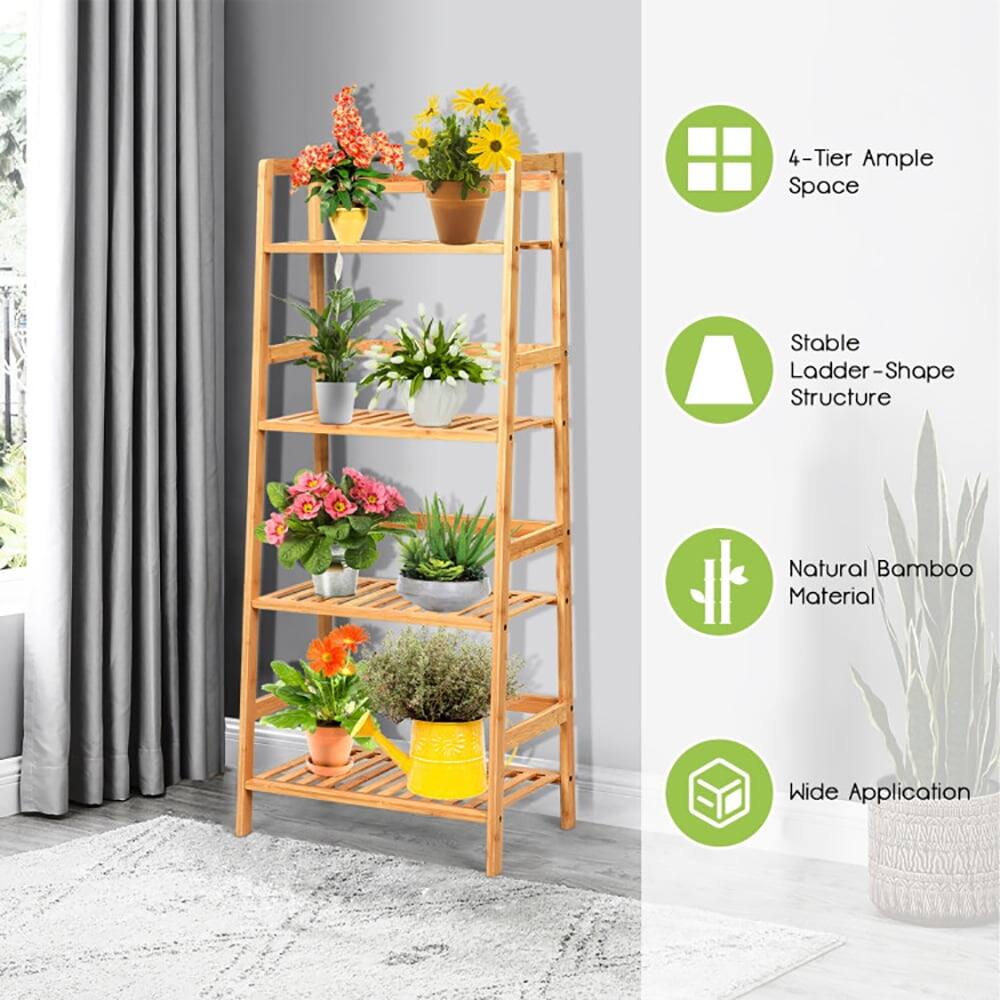 4-Tier Ample Space  
Stable Ladder-Shape Structure  
Natural Bamboo Material  
Wide Application