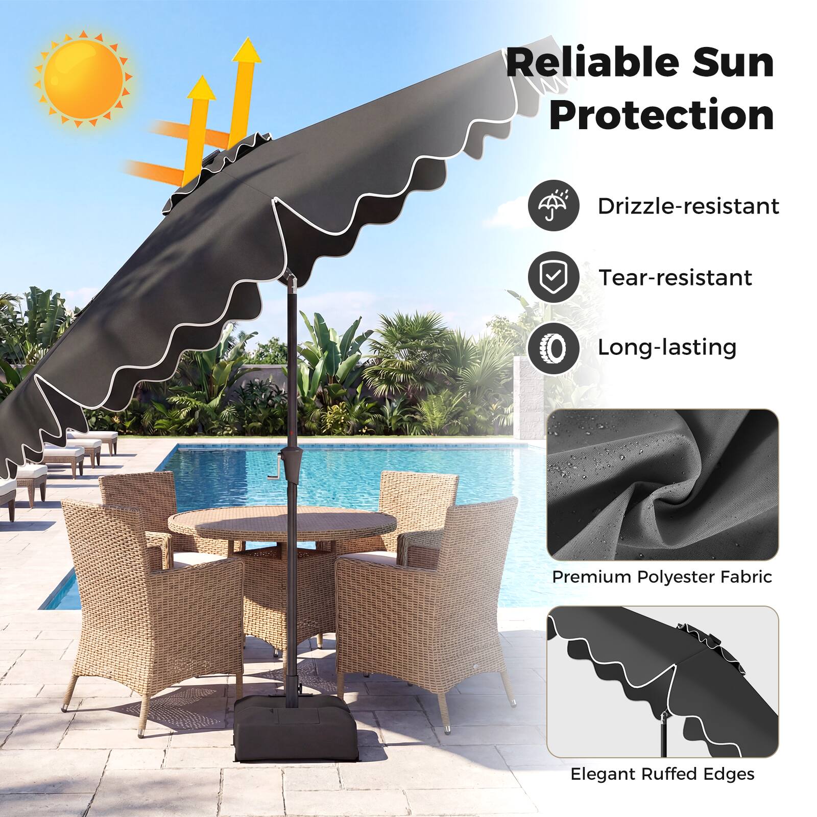 Reliable Sun Protection  
Drizzle-resistant  
Tear-resistant  
Long-lasting  
Premium Polyester Fabric  
Elegant Ruffed Edges