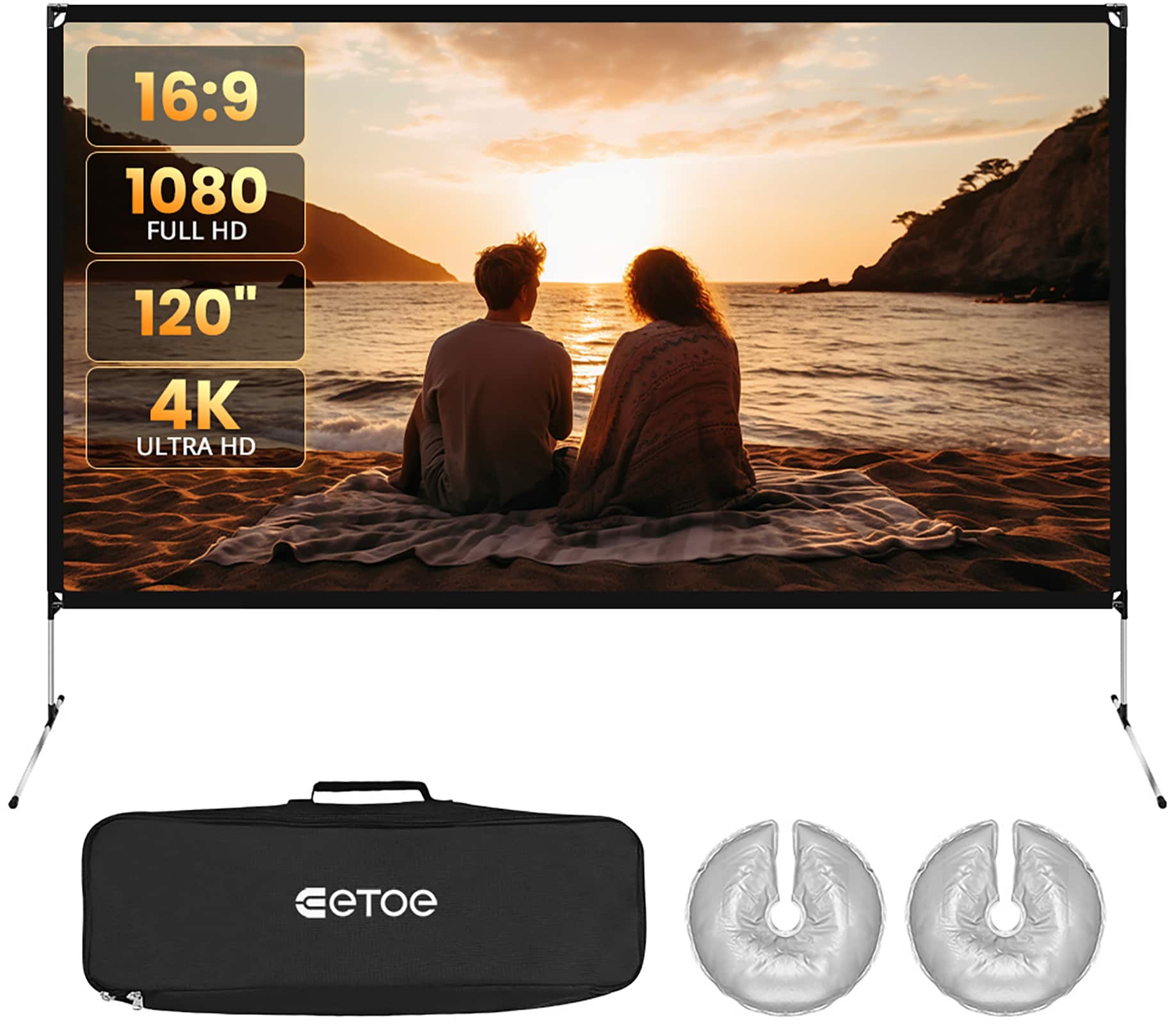 ETOE - 120 inch Projector Screen, 16:9 Foldable Anti-Crease Portable Projector Movies Screens for Home Theater, Outdoor, Indoor - White