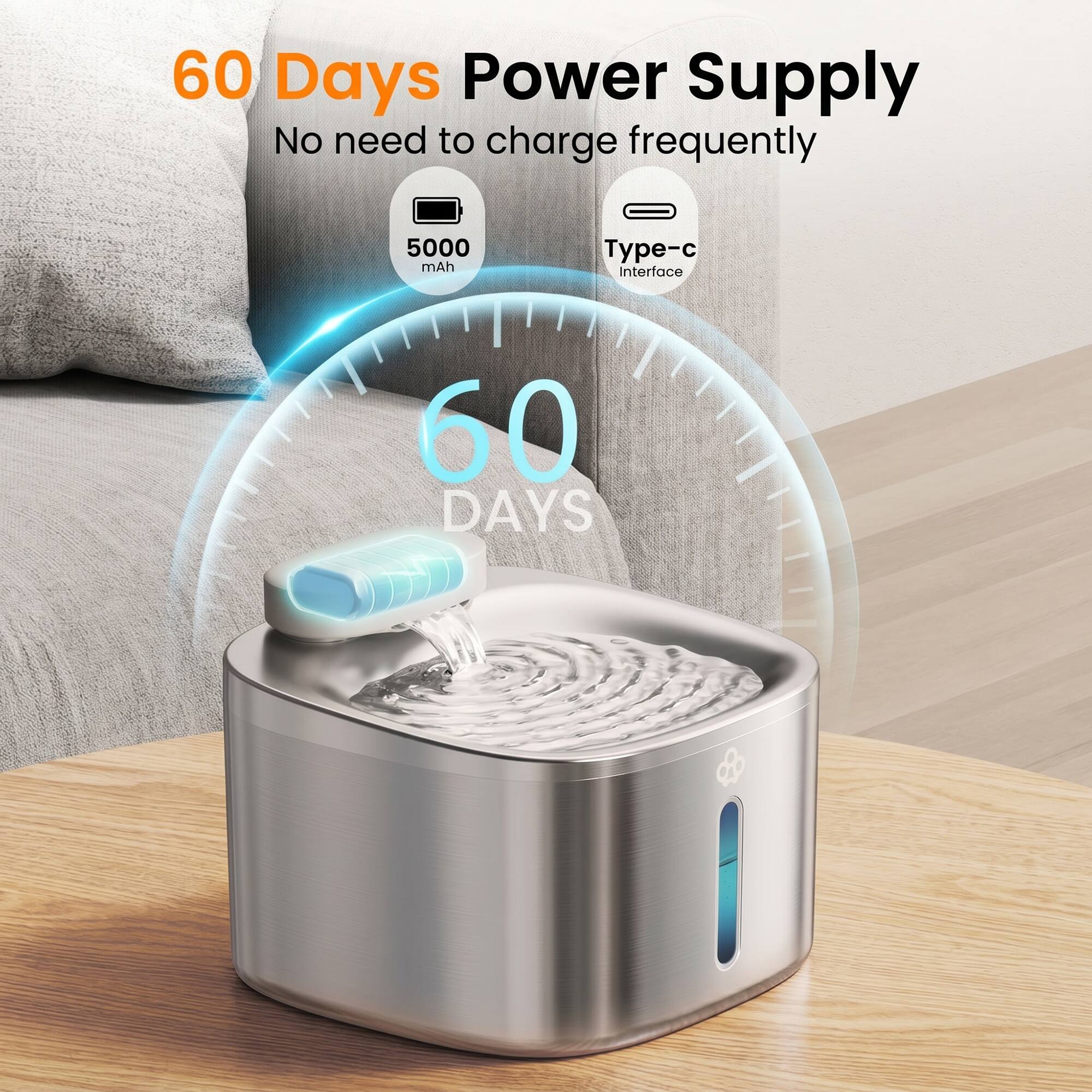 60 Days Power Supply  
No need to charge frequently  
5000 mAh  
Type-c Interface  
60 DAYS