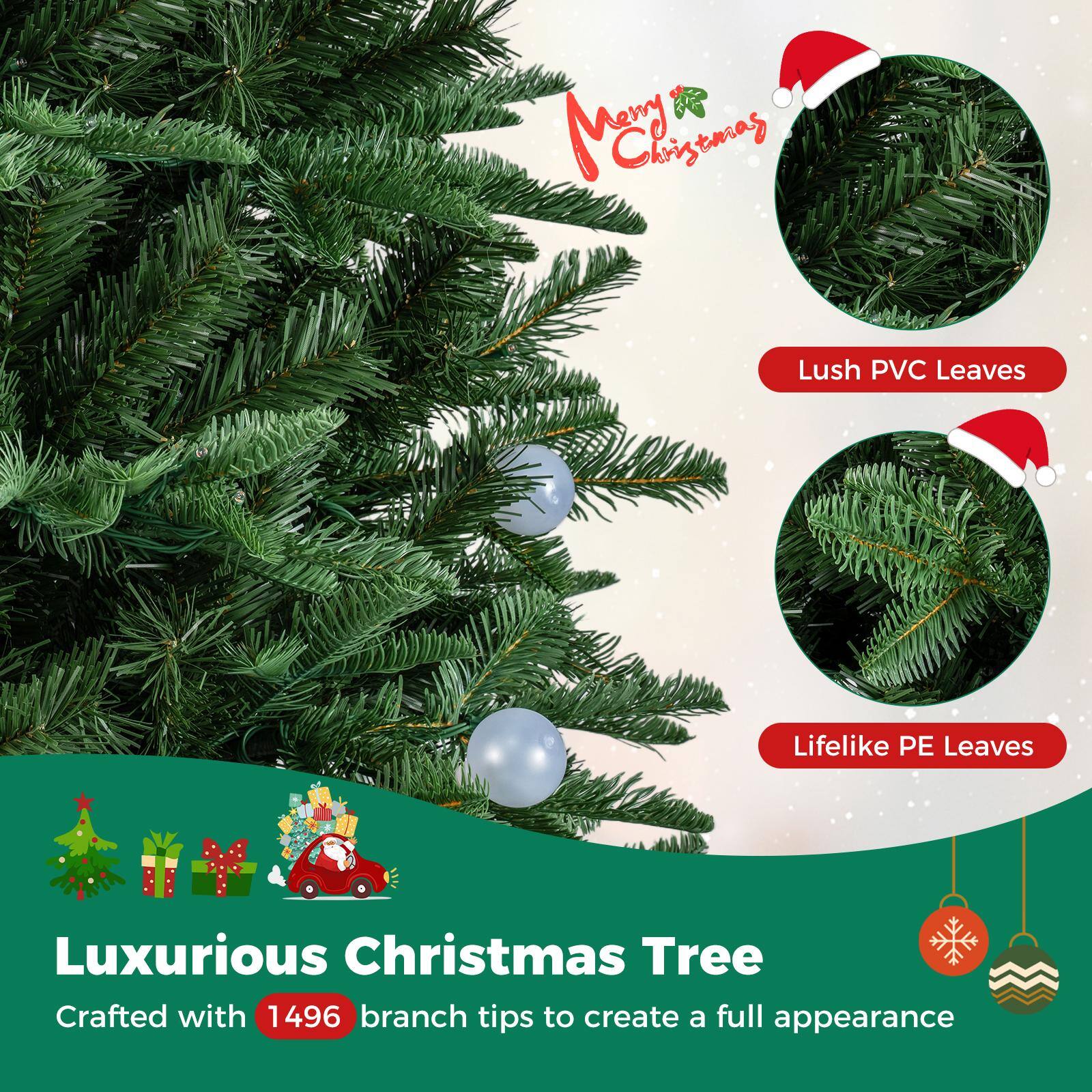 Merch Christmas  
Lush PVC Leaves  
Lifelike PE Leaves  
Luxurious Christmas Tree Crafted with 1496 branch tips to create a full appearance