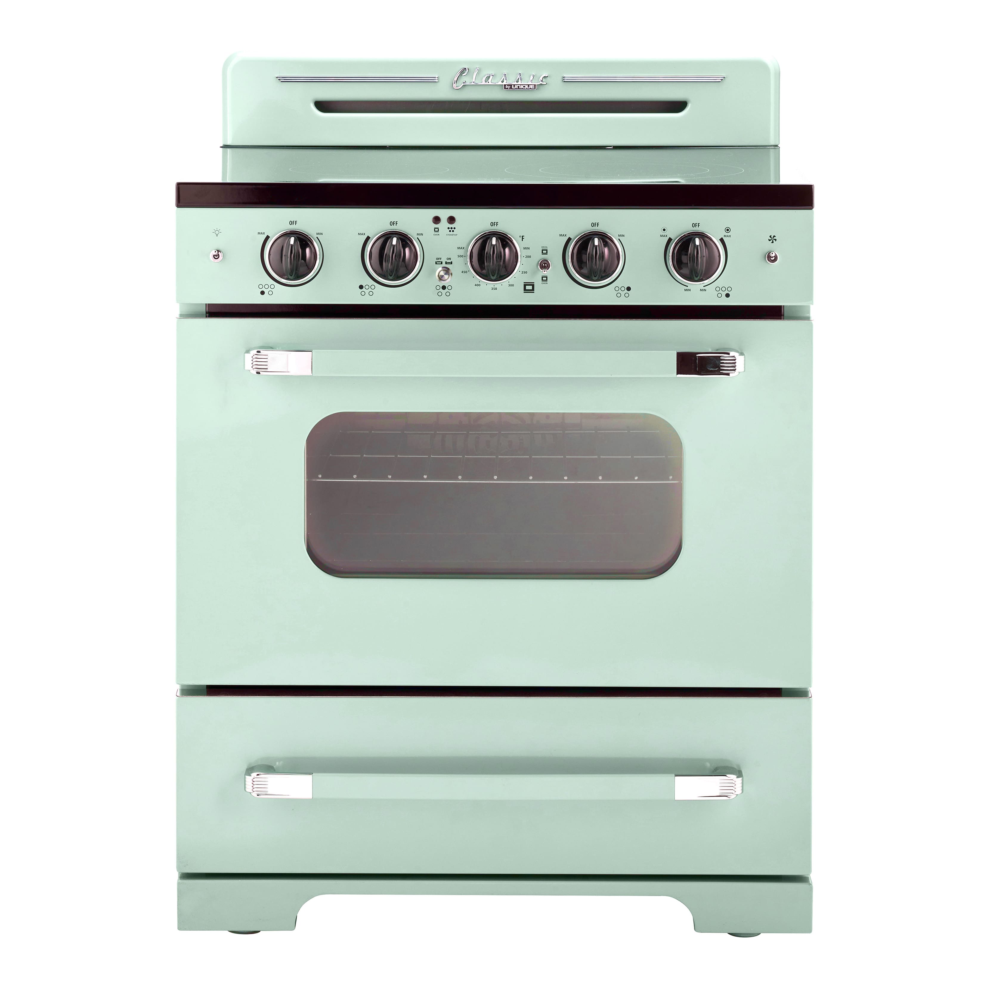 Unique Appliances - 30 in. Wide 5 Elements Classic Retro 3.9 Cu. Ft. Freestanding Electic Convection Range with Glass Top and Storage Drawer - Summer Mint Green