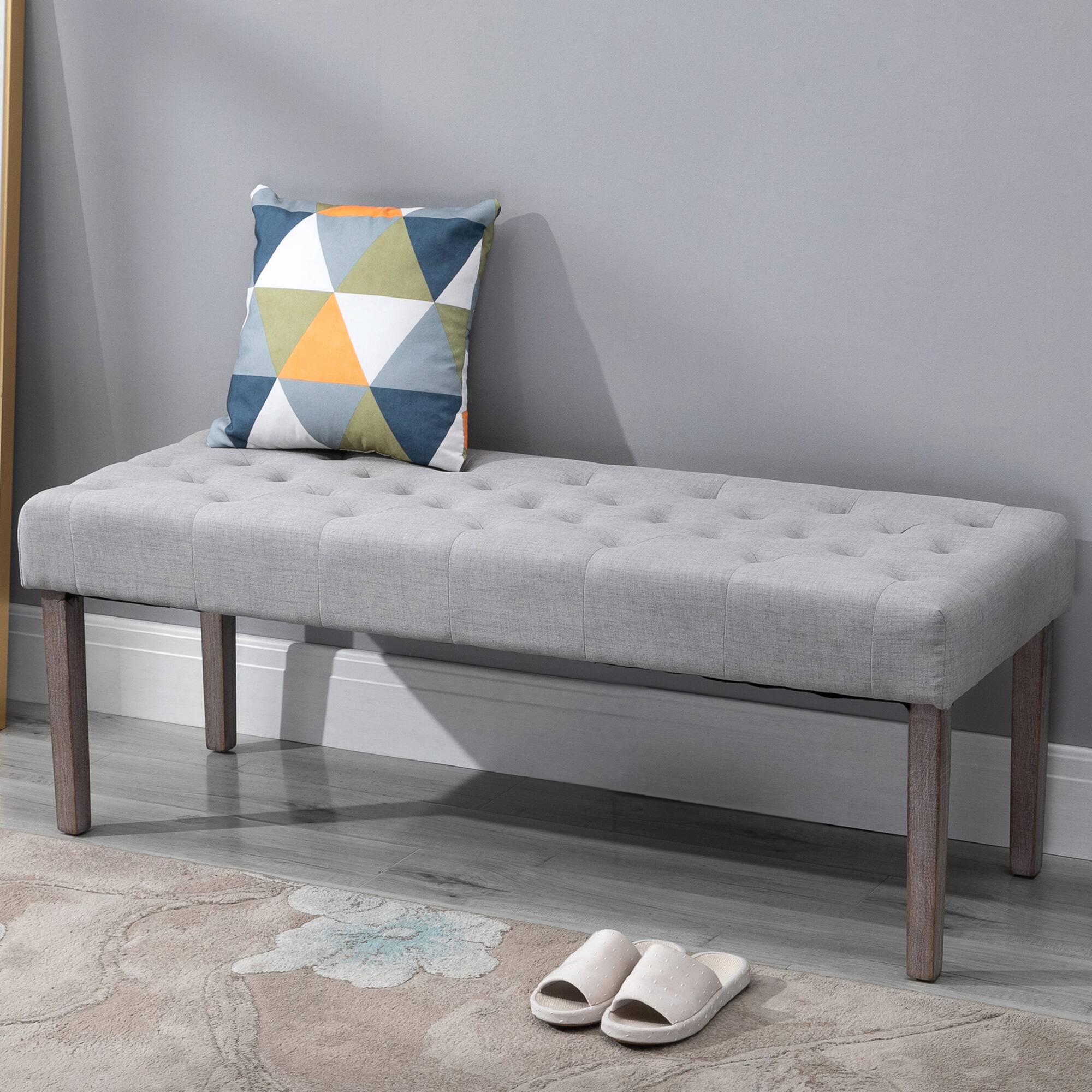 Angle. Homcom - Simple Tufted Upholstered Ottoman Accent Bench with Soft Comfortable Cushion & Fashionable Modern Design - Gray.