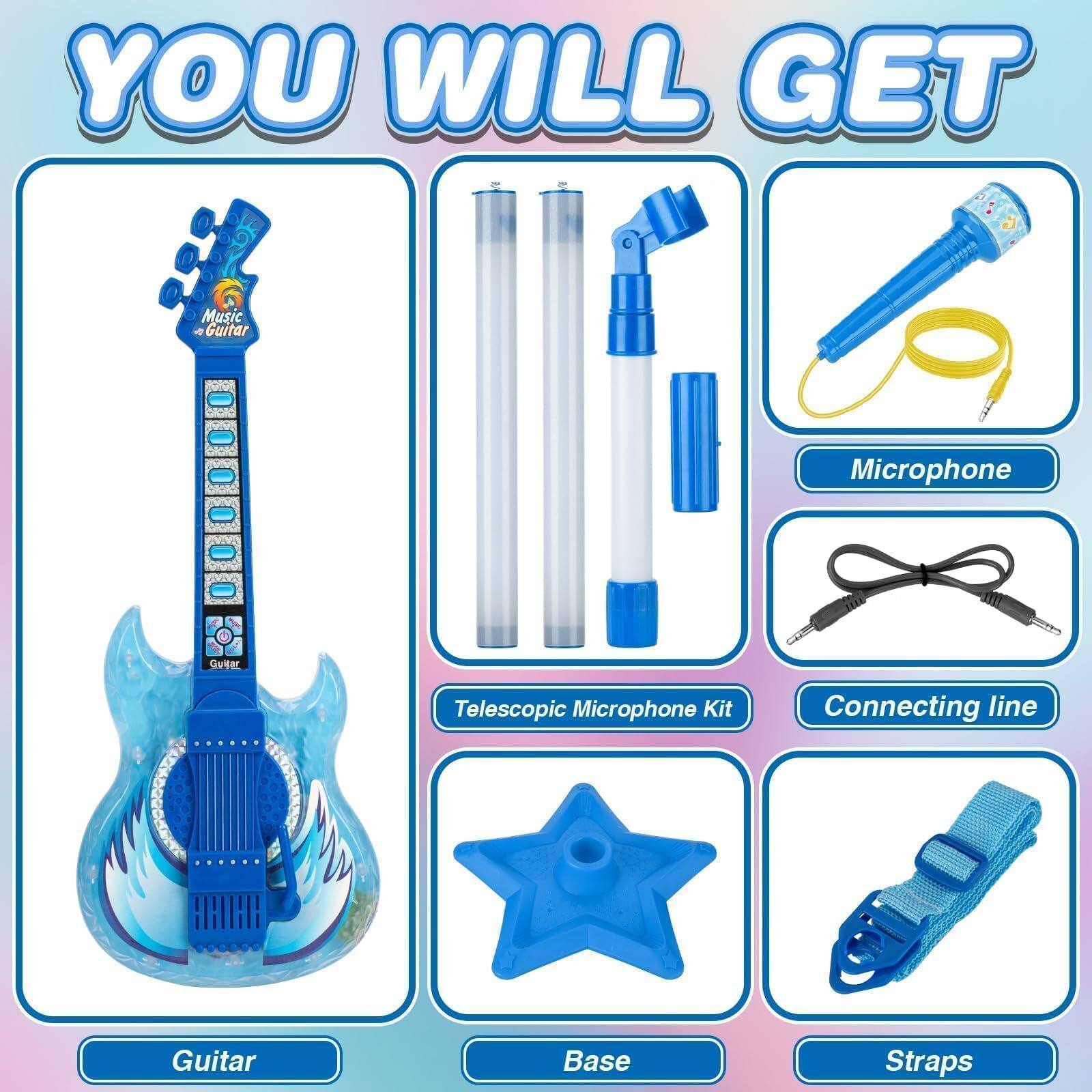 YOU WILL GET

- Guitar
- Telescopic Microphone Kit
- Microphone
- Connecting line
- Base
- Straps