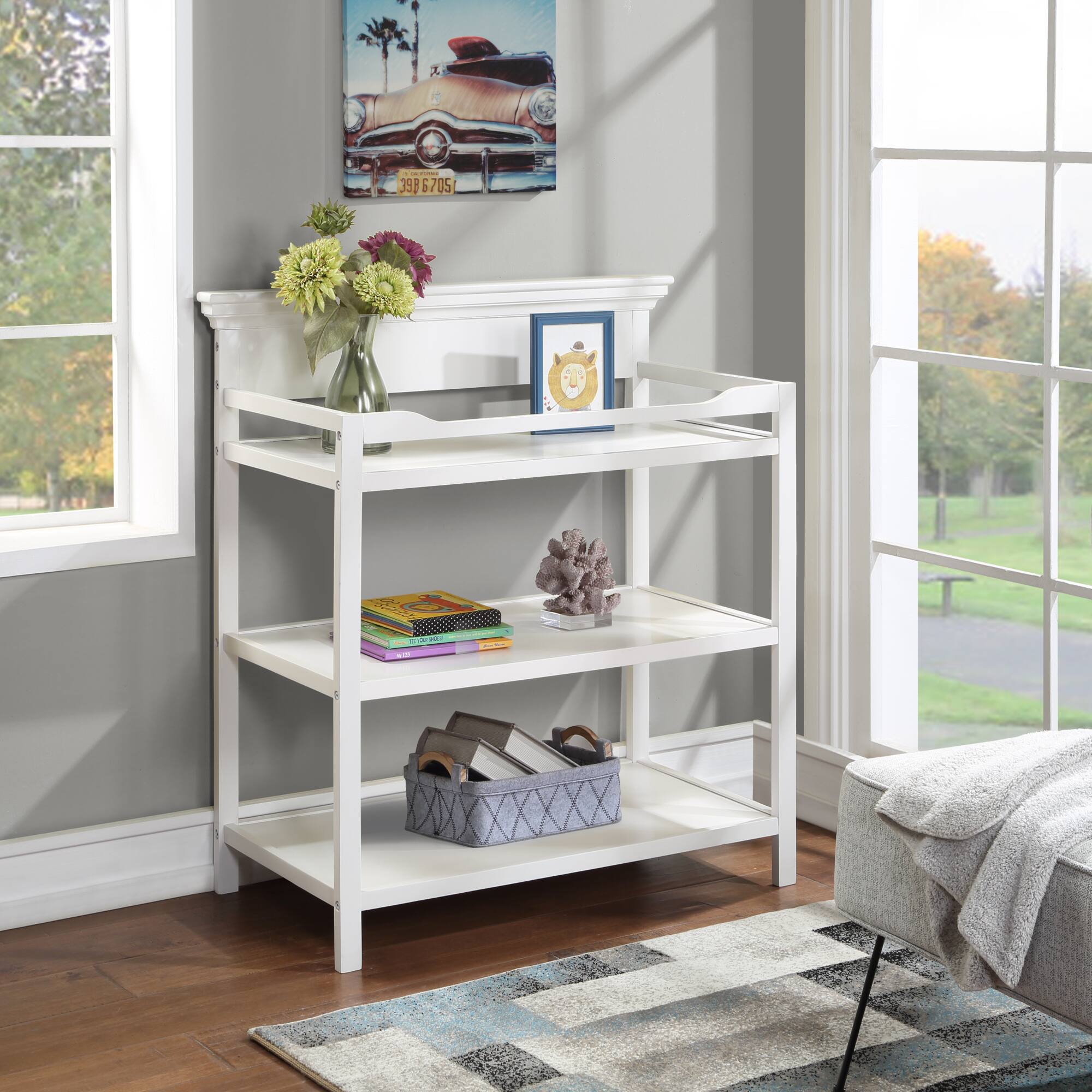 Back. GOODSILO - Versatile Baby Changing Table with Safety Rails and Dual Storage Shelves in Classic Gray Finish for Modern Nurseries - White.