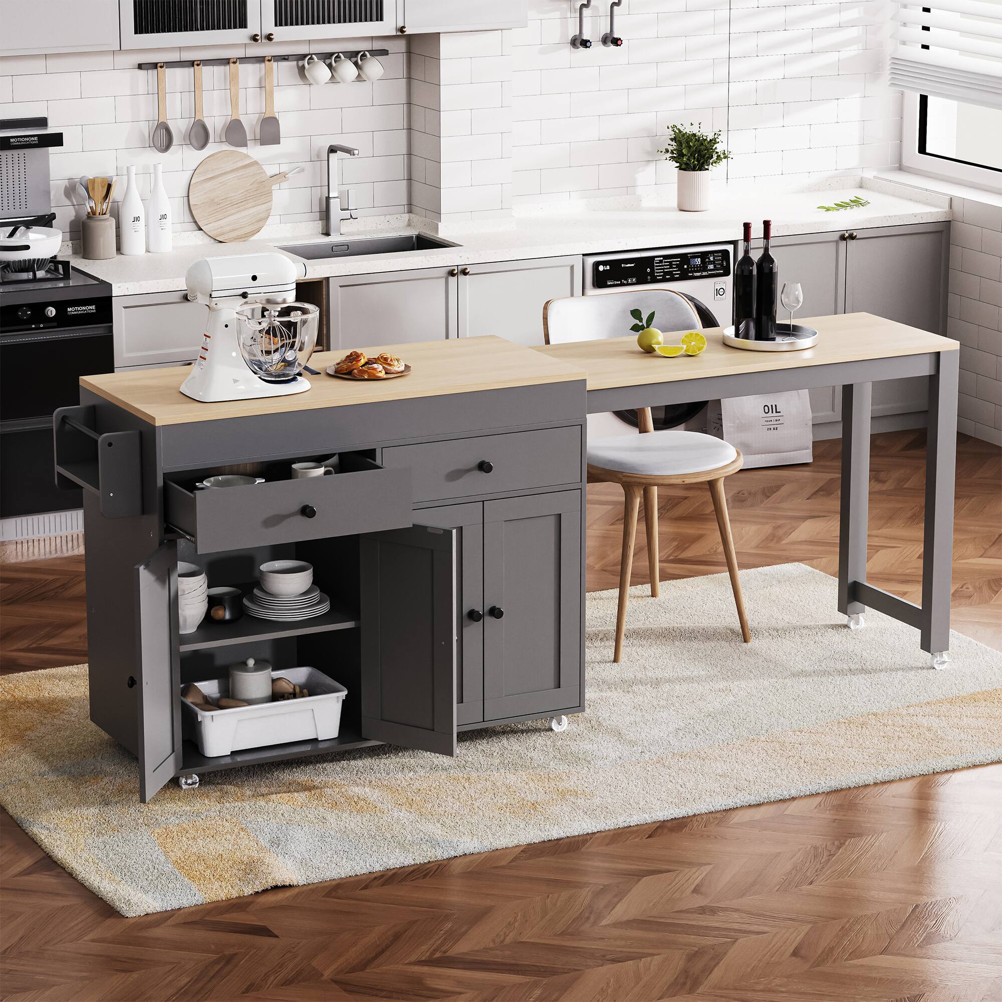 Angle. PexFix - 74.5" Kitchen Island with Extendable Dining Table - Rolling Cart with 4-Door Cabinet, 2 Drawers & Spice Rack - Gray.