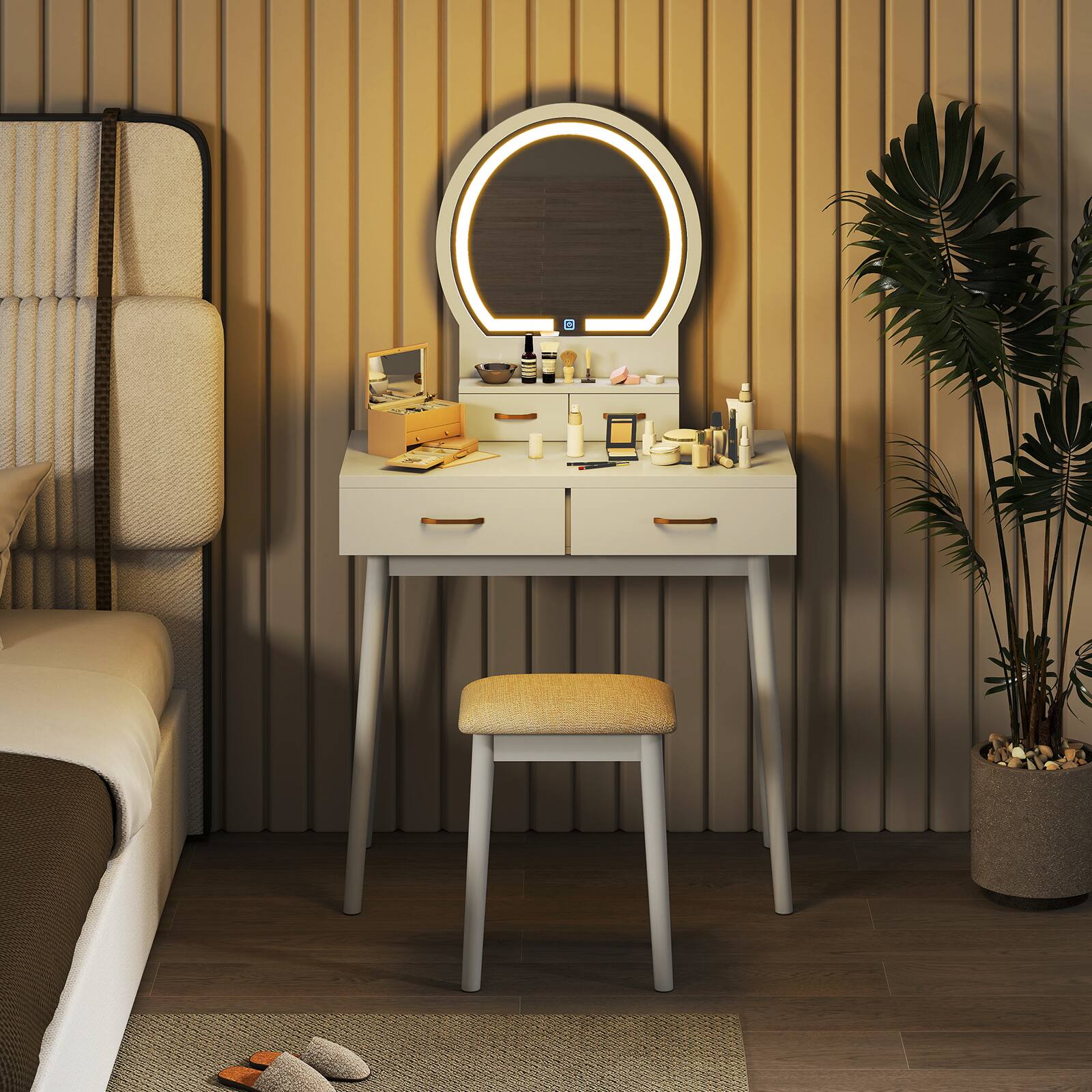 Alt View 3. Gymax - Gymax Small Vanity Desk w/Mirror & Lights Cushioned Stool 3 Adjustable Lighting Colors White - White.