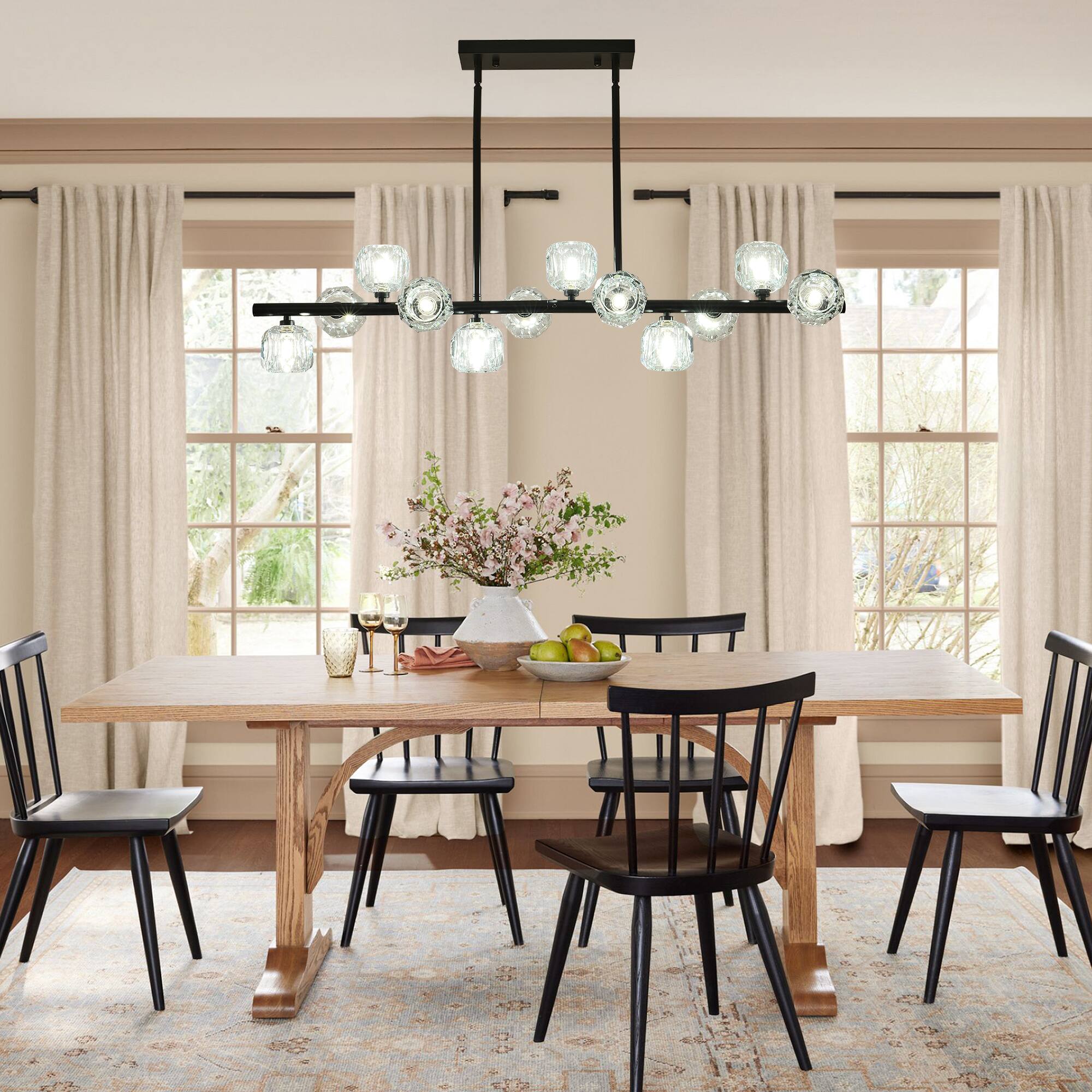 Angle. RYHNUYNE - 12 Lights Black Kitchen Island Light Fixture,Linear Chandelier with Glass Lampshade,Large Rectangular Chandeliers - Black.