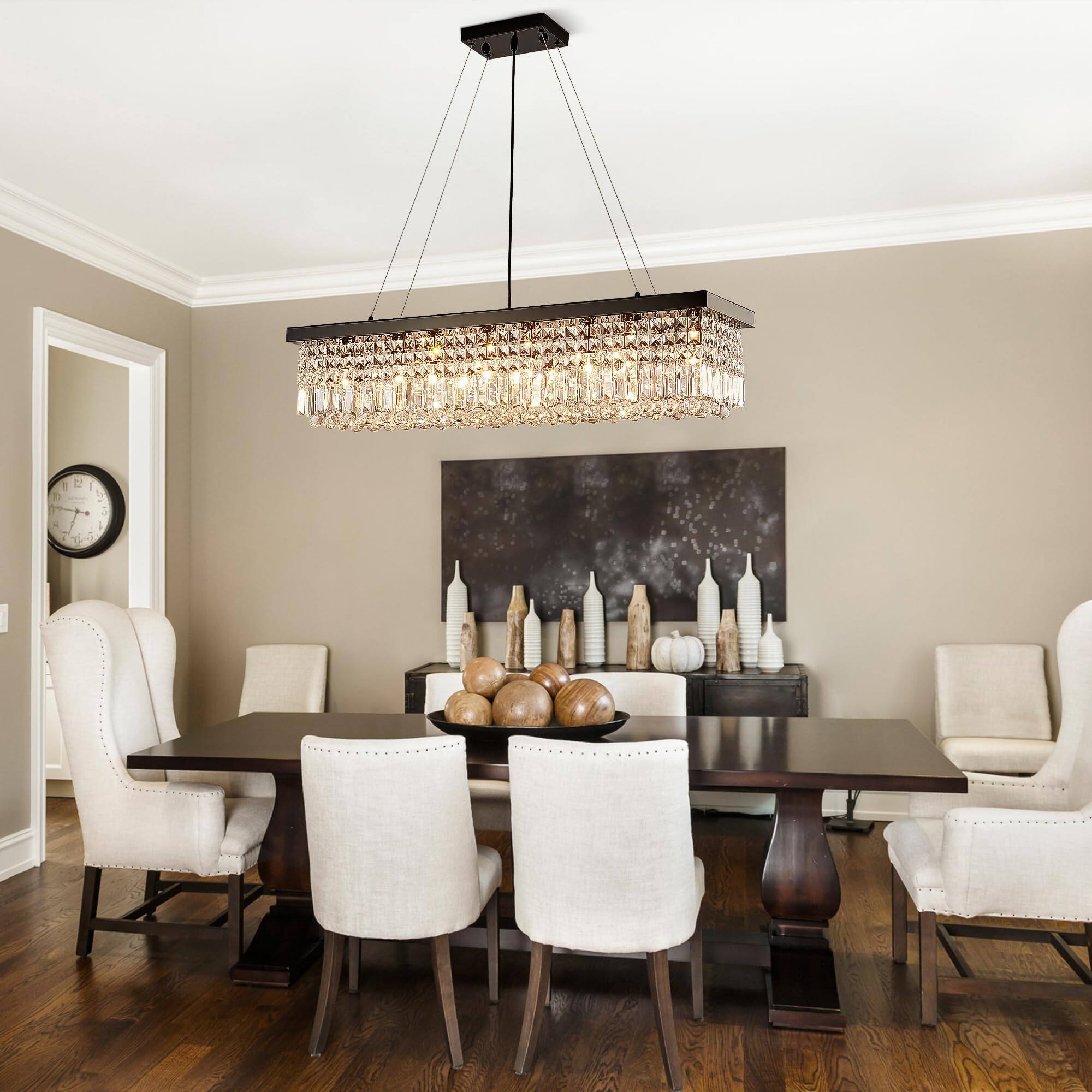 Back. Siljoy - 39.4" 8-Light Black Rectangular K9 Crystal Pendant, Adjustable Kitchen Island Chandelier for Dining Entryway - Black.