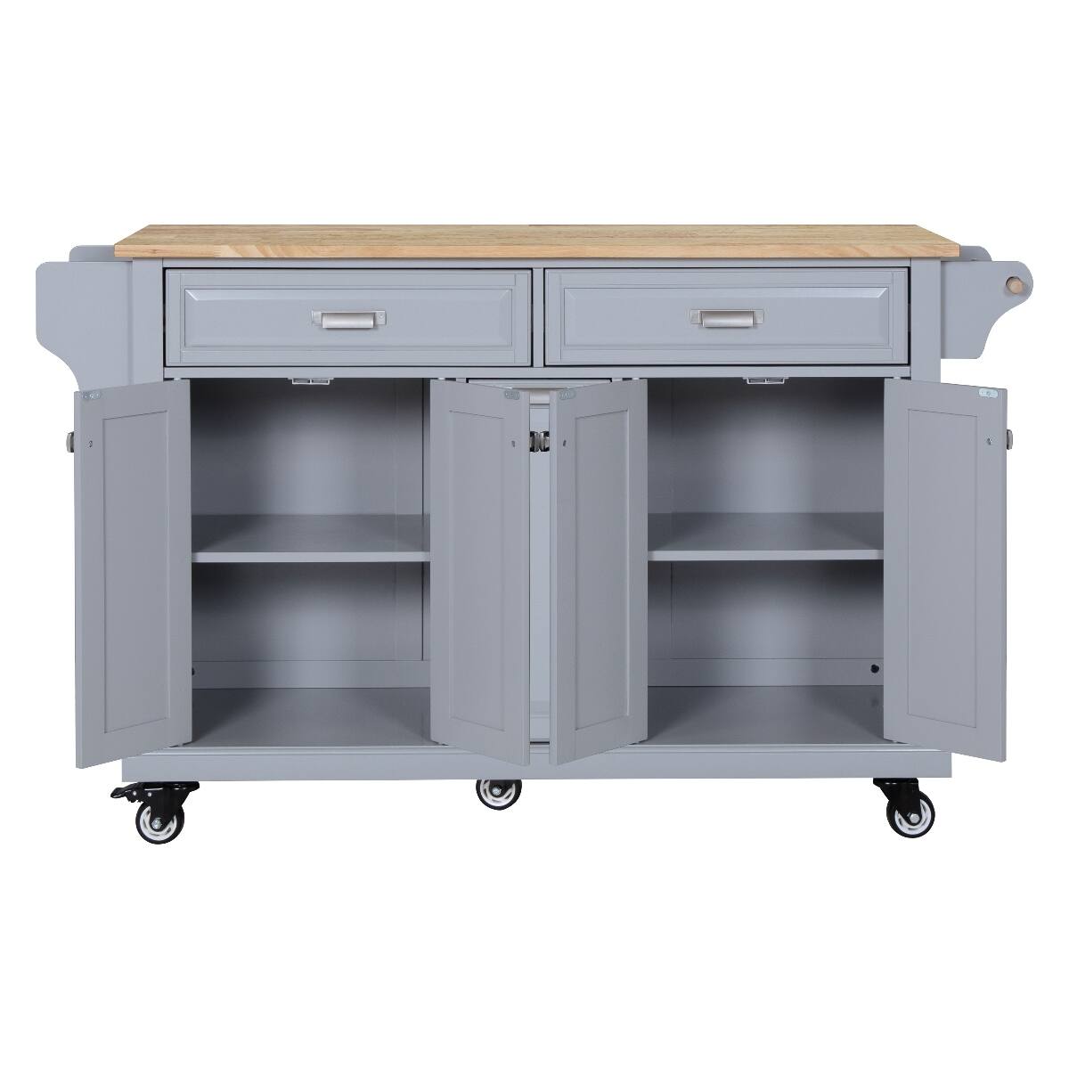 Back. Loheer - Loheer Grey Kitchen Island with Rubberwood Countertop Rolling Kitchen Cart on 5 Wheels - Grey.